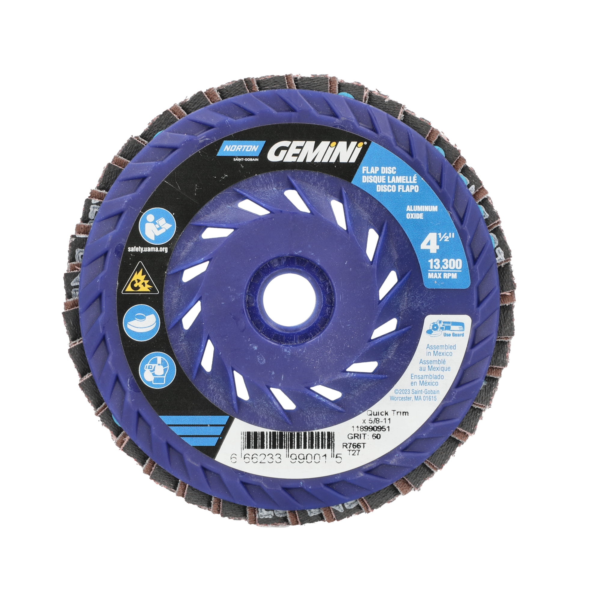 Norton 4-1/2 x 5/8 - 11 In. Gemini Plastic Flat Flap Disc T27 P60 Grit R766 ZA