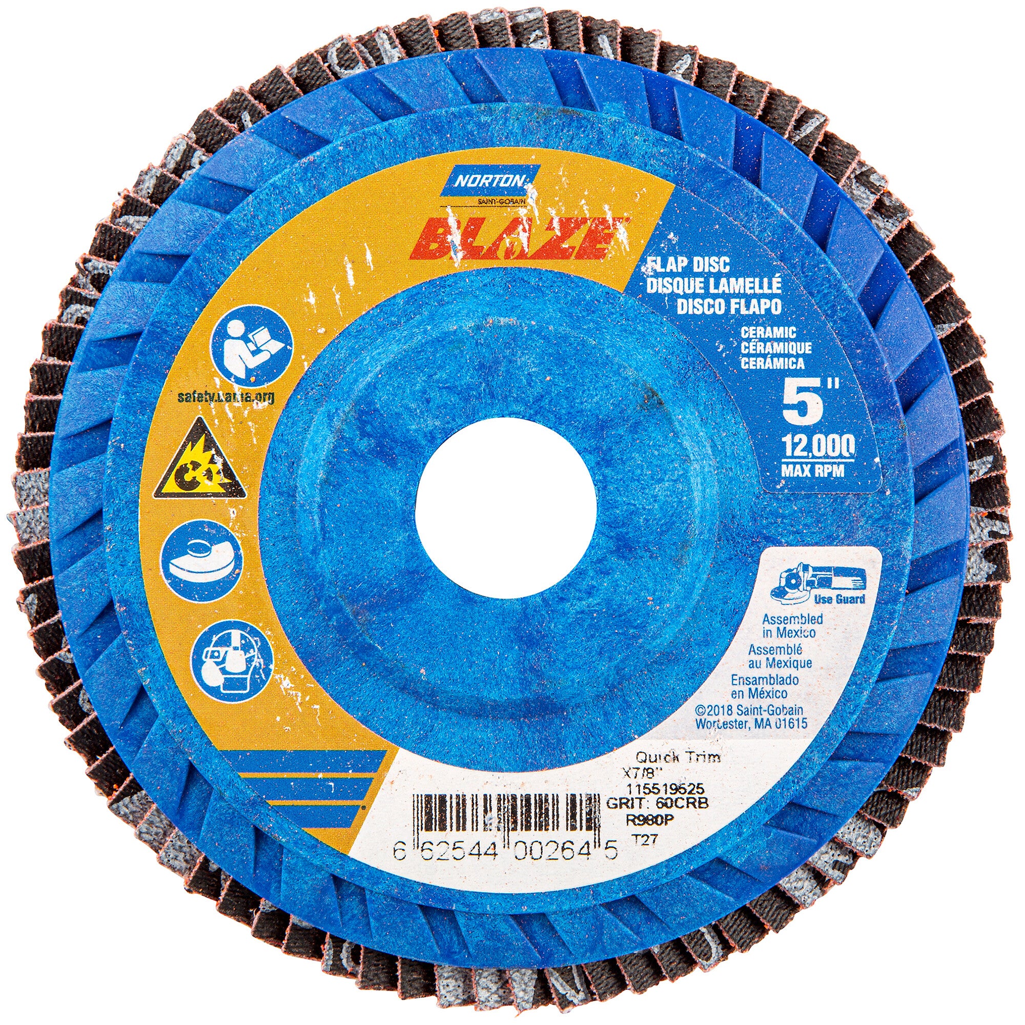 Norton 5 x 7/8 In. Blaze Plastic Flat Flap Disc T27 60 Grit R980P CA
