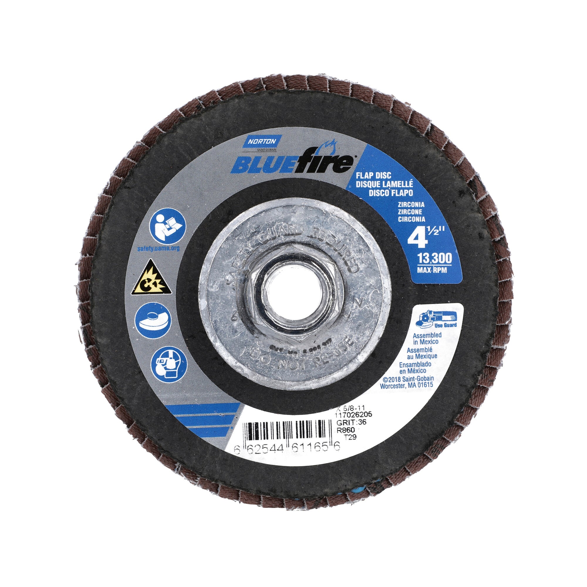 Norton 4-1/2 x 5/8 - 11 In. BlueFire Fiberglass Conical Flap Disc T29 P36 Grit R884P ZA