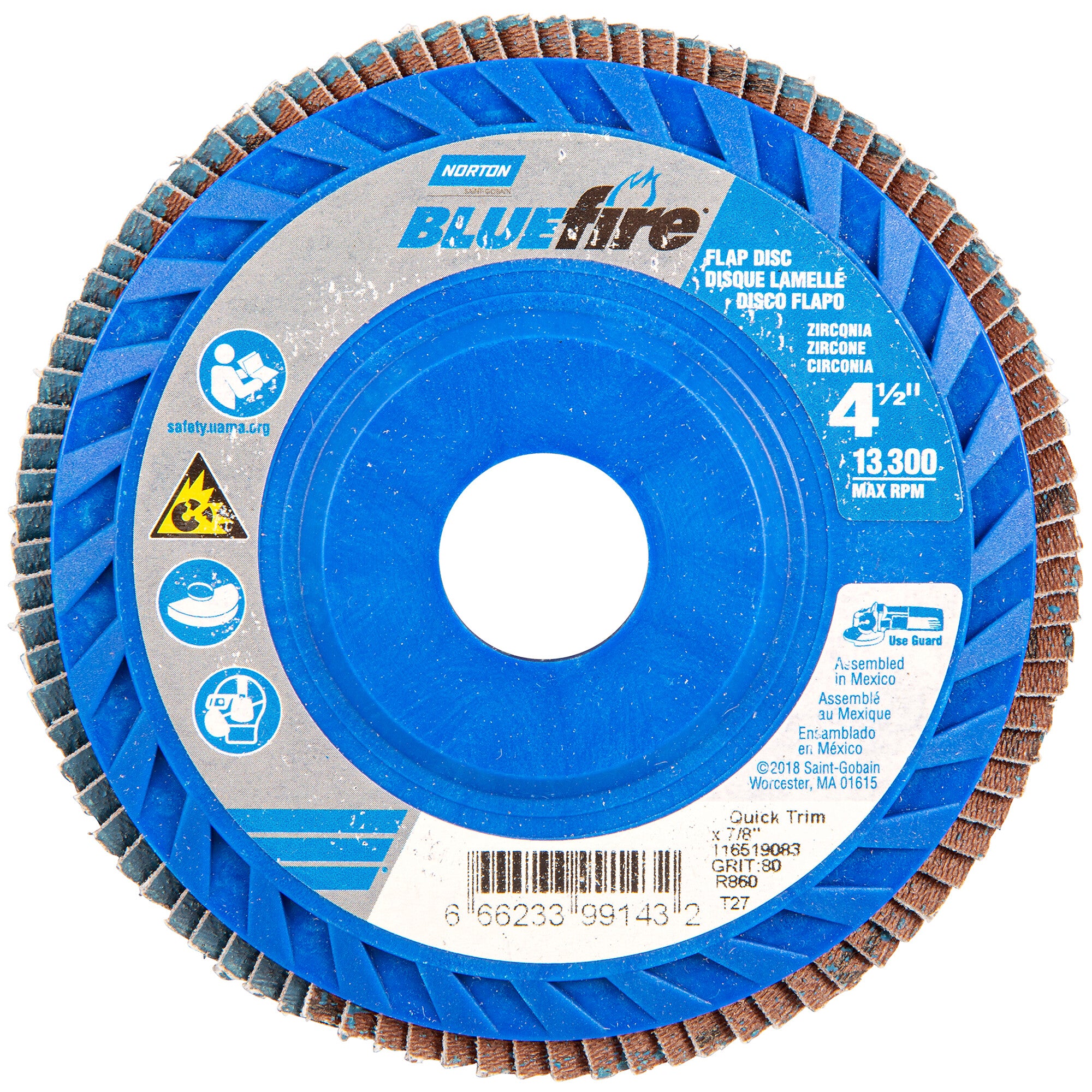 Norton 4-1/2 x 7/8 In. BlueFire Plastic Flat Flap Disc T27 P80 Grit R884P ZA