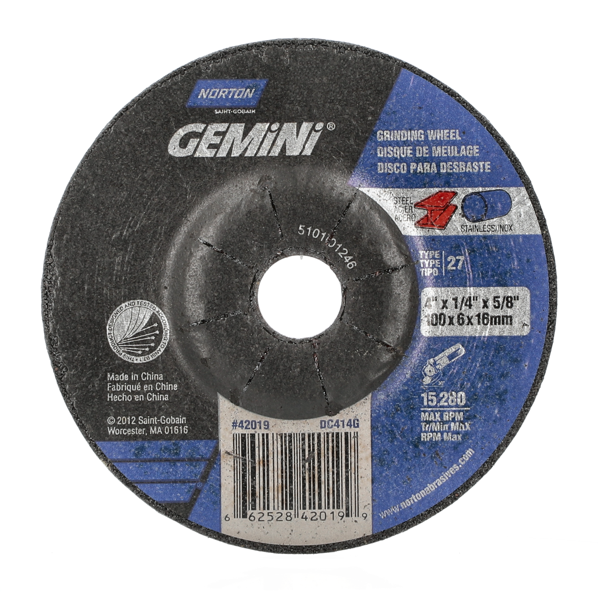 Norton 4 x 1/4 x 5/8 In. Gemini Grinding Wheel 24 S BDA T27