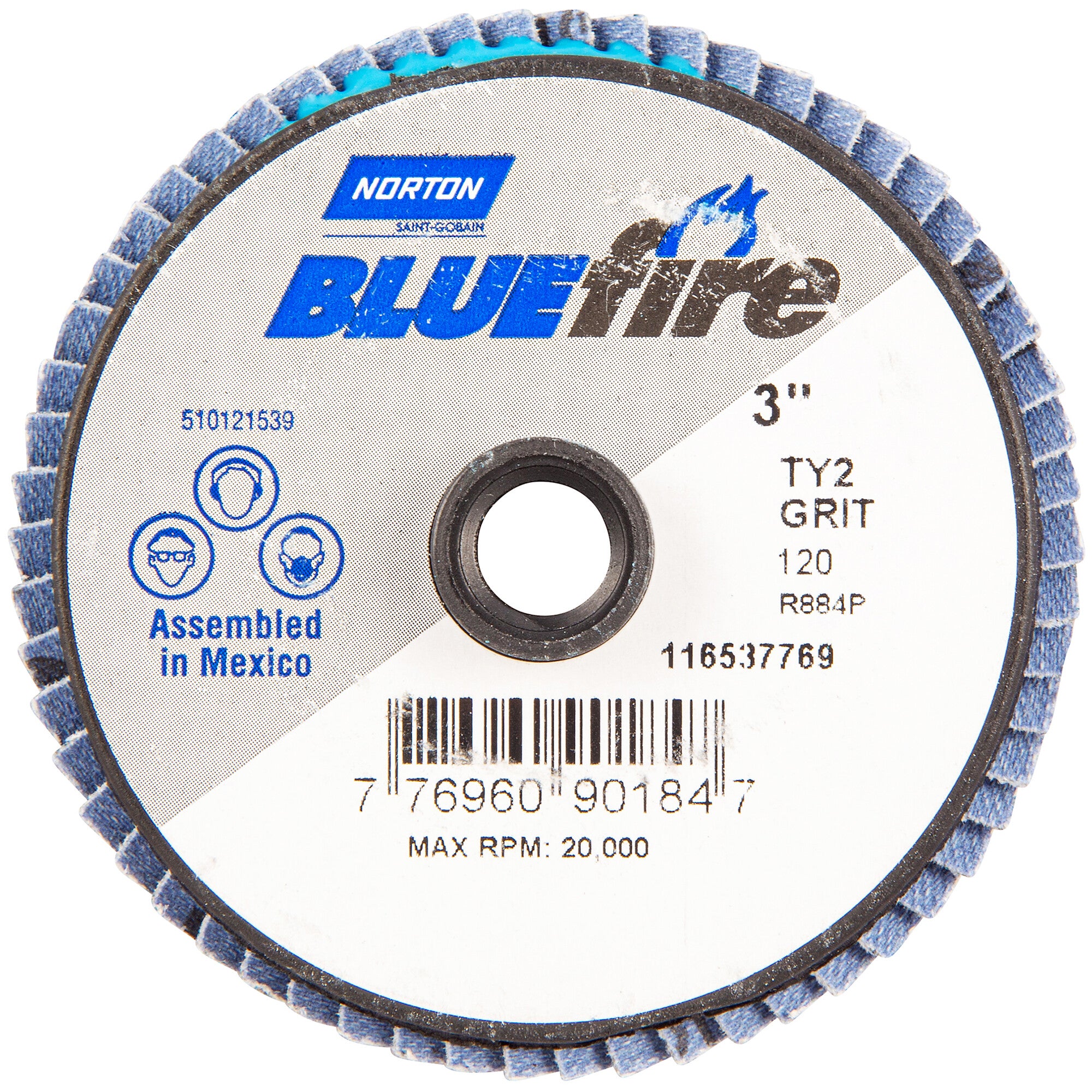 Norton 3 In. BlueFire Plastic Flat Mini Flap Disc Type II T27 P120 Grit R884P2 ZA