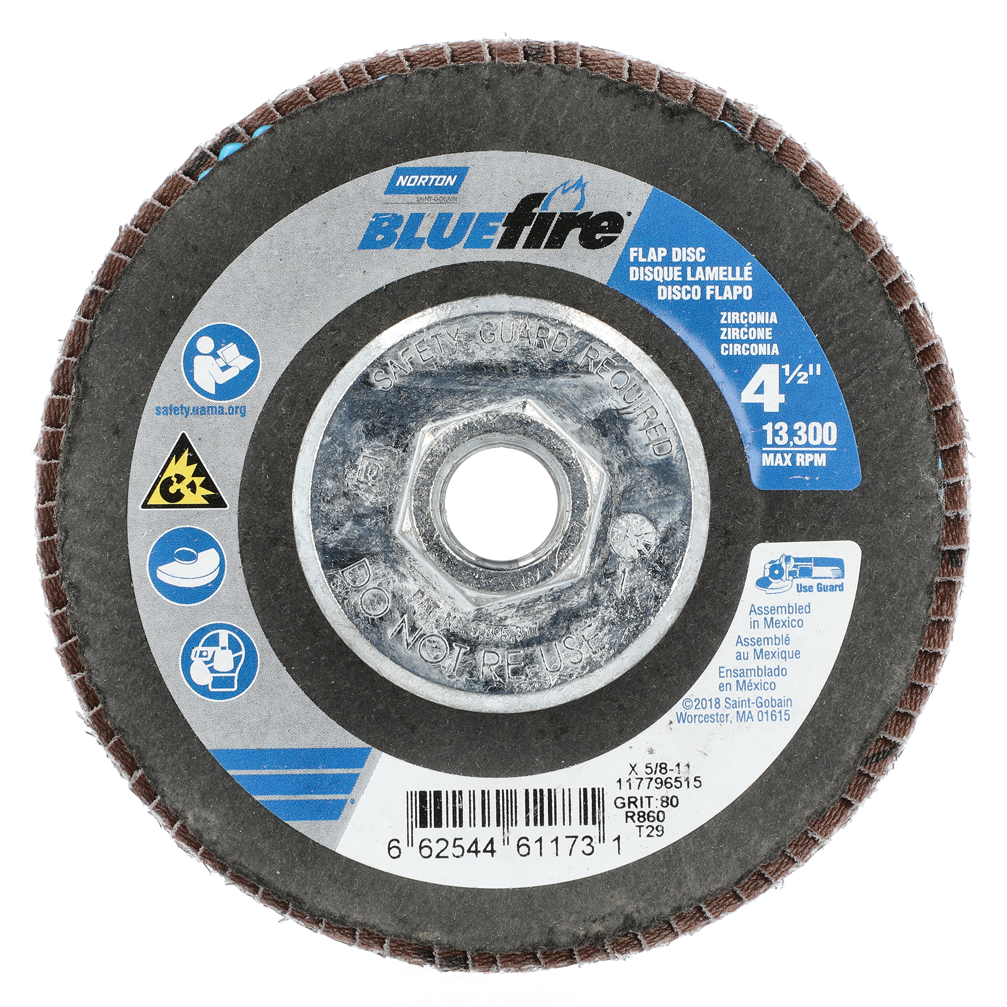 Norton 4-1/2 x 5/8 - 11 In. BlueFire Fiberglass Conical Flap Disc T29 P80 Grit R884P ZA
