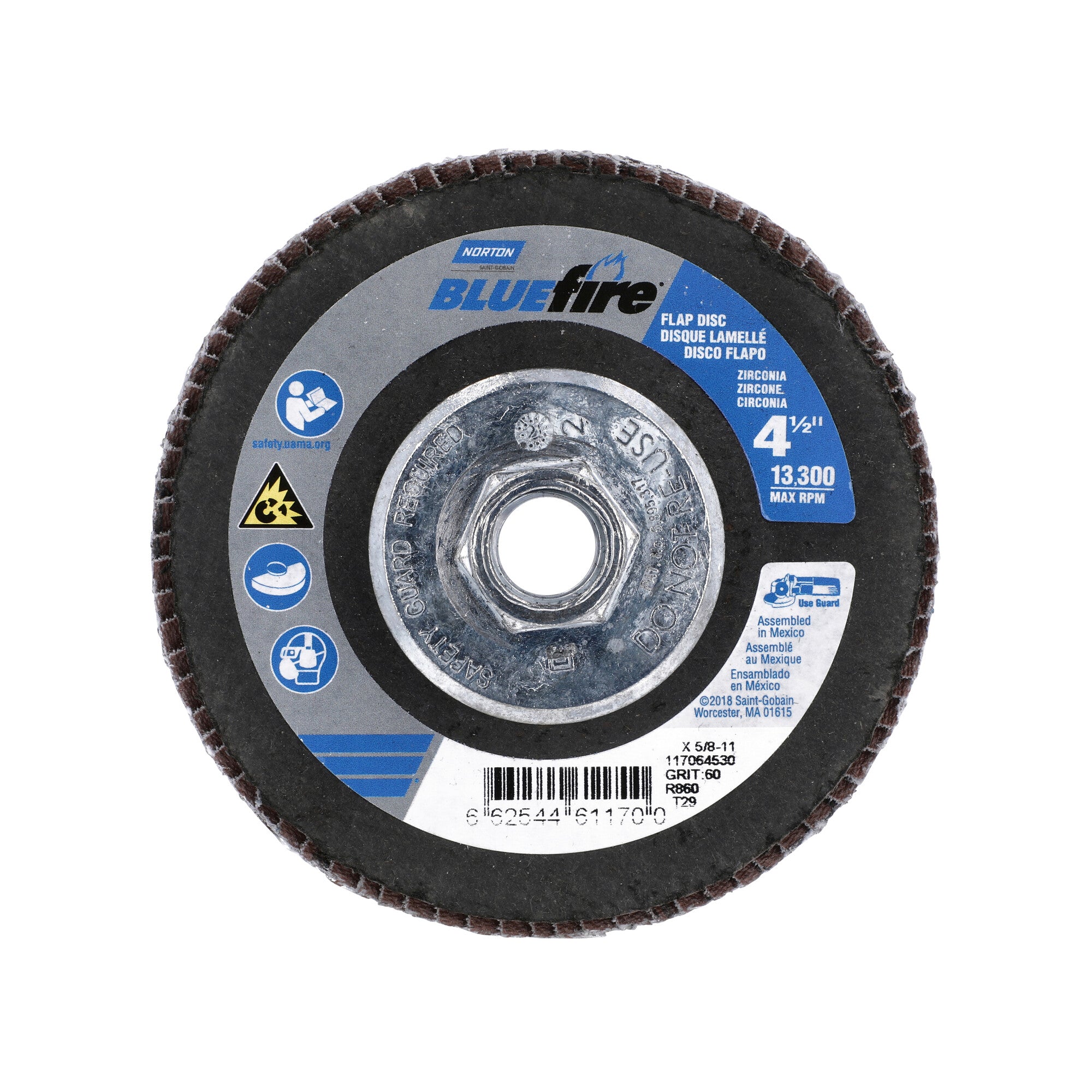 Norton 4-1/2 x 5/8 - 11 In. BlueFire Fiberglass Conical Flap Disc T29 P60 Grit R884P ZA