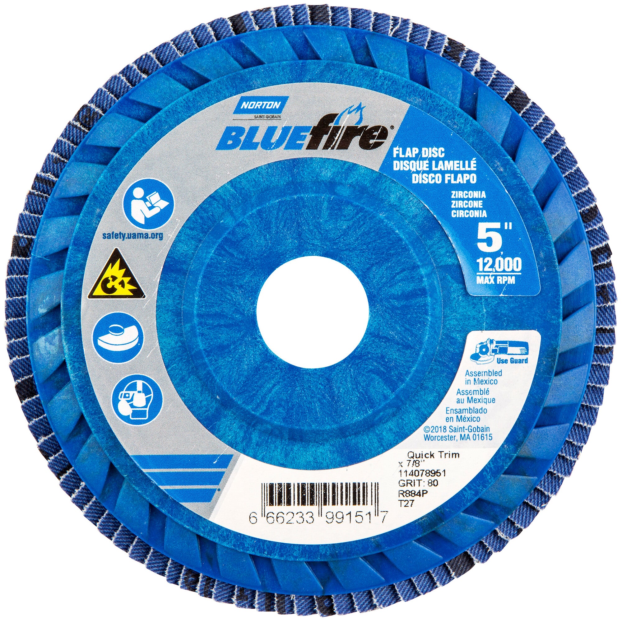 Norton 5 x 7/8 In. BlueFire Plastic Flat Flap Disc T27 P80 Grit R884P ZA