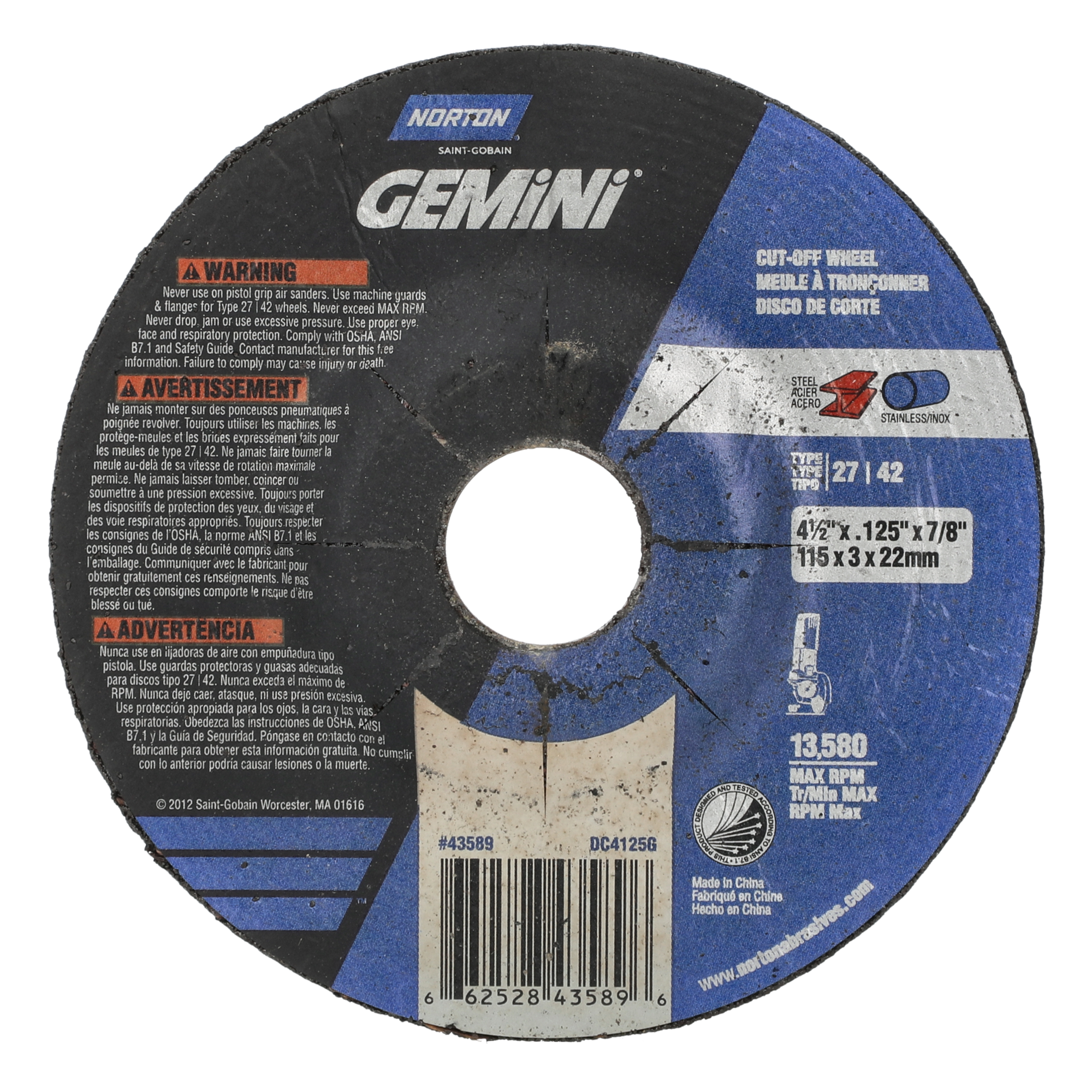 Norton 4-1/2 x .125 x 7/8 In. Gemini Cutting Wheel 24 T BDA3 T27/42