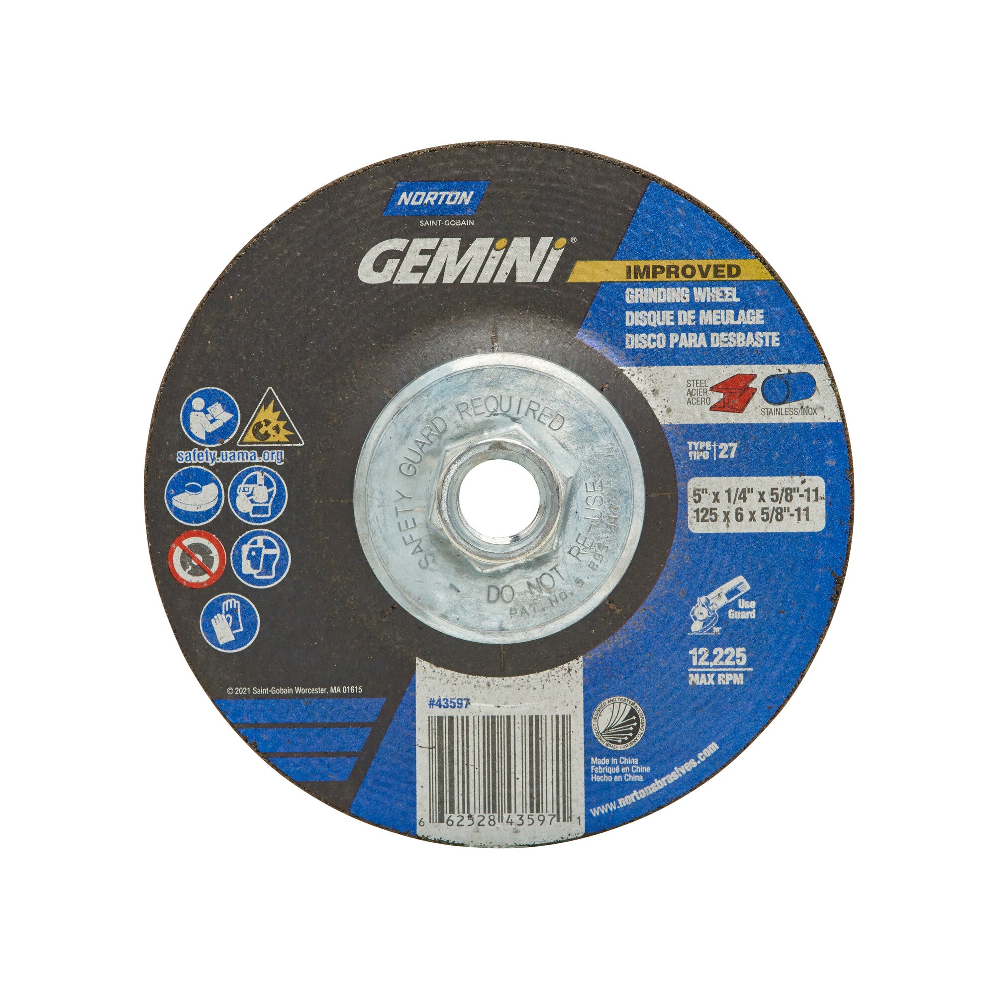 Norton 5 x 1/4 x 5/8 - 11 In. Gemini Grinding Wheel 24 S BDA T27
