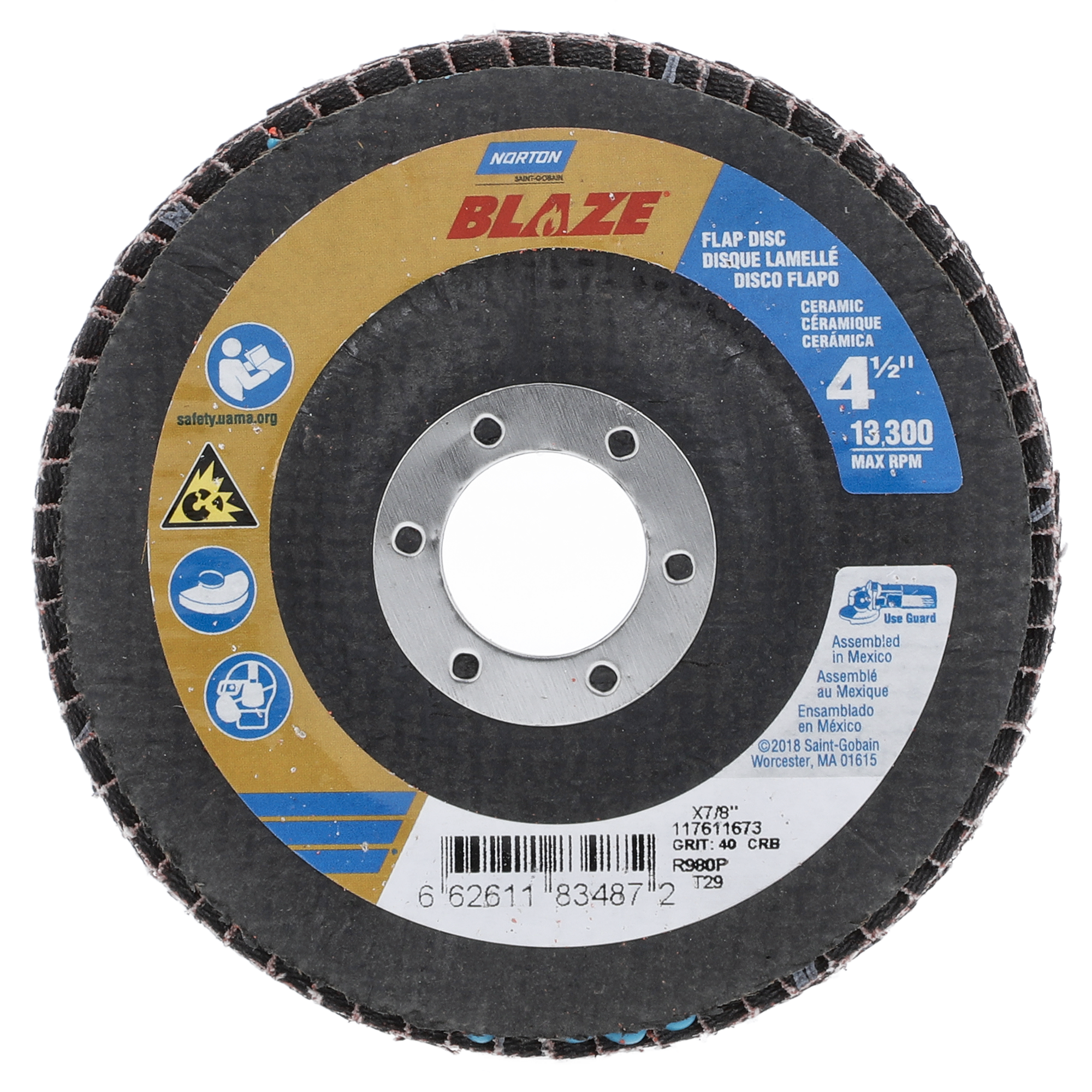 Norton 4-1/2 x 7/8 In. Blaze Fiberglass Conical Flap Disc T29 40 Grit R980P CA