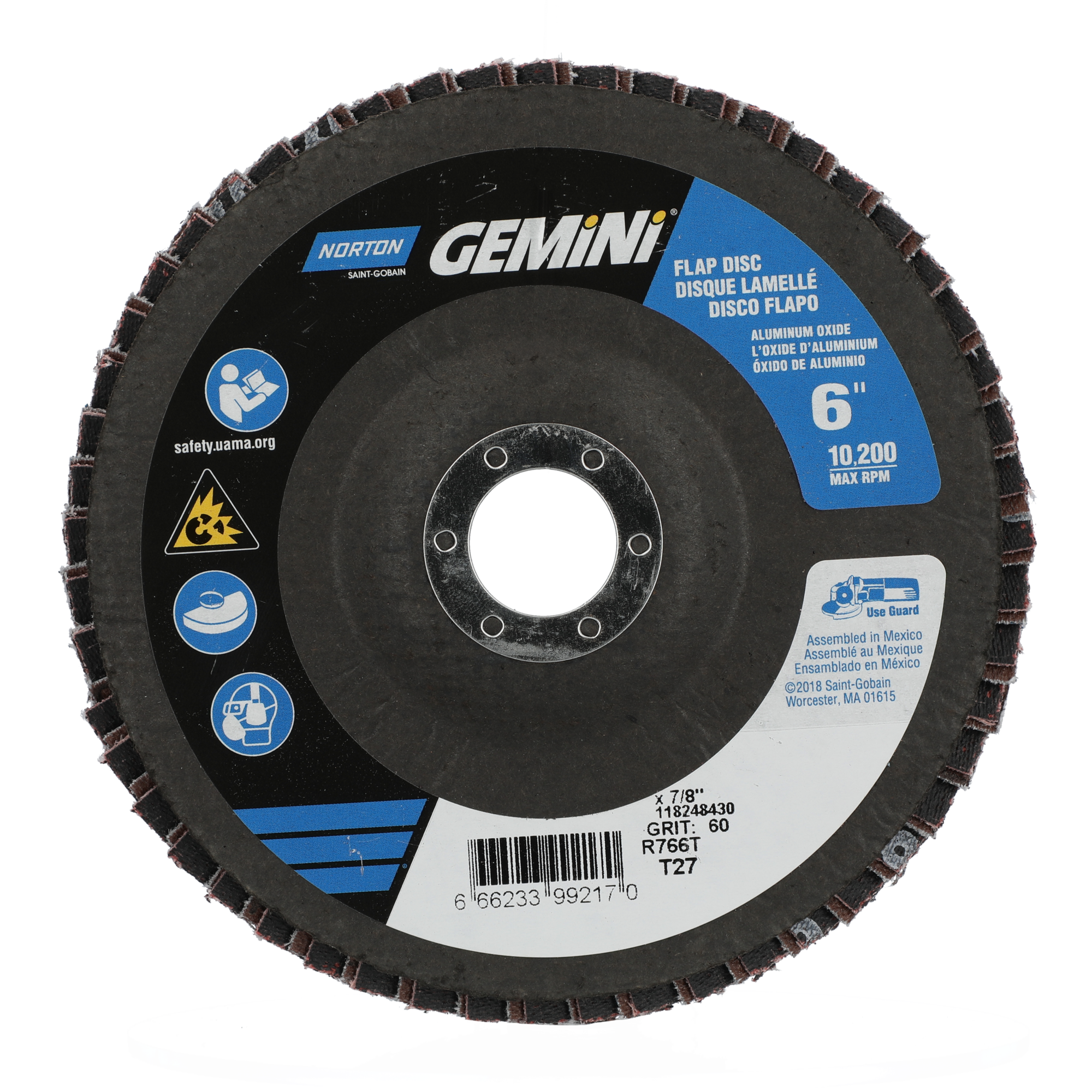 Norton 6 x 7/8 In. Gemini Fiberglass Flap Disc T27 P60 Grit R766 ZA