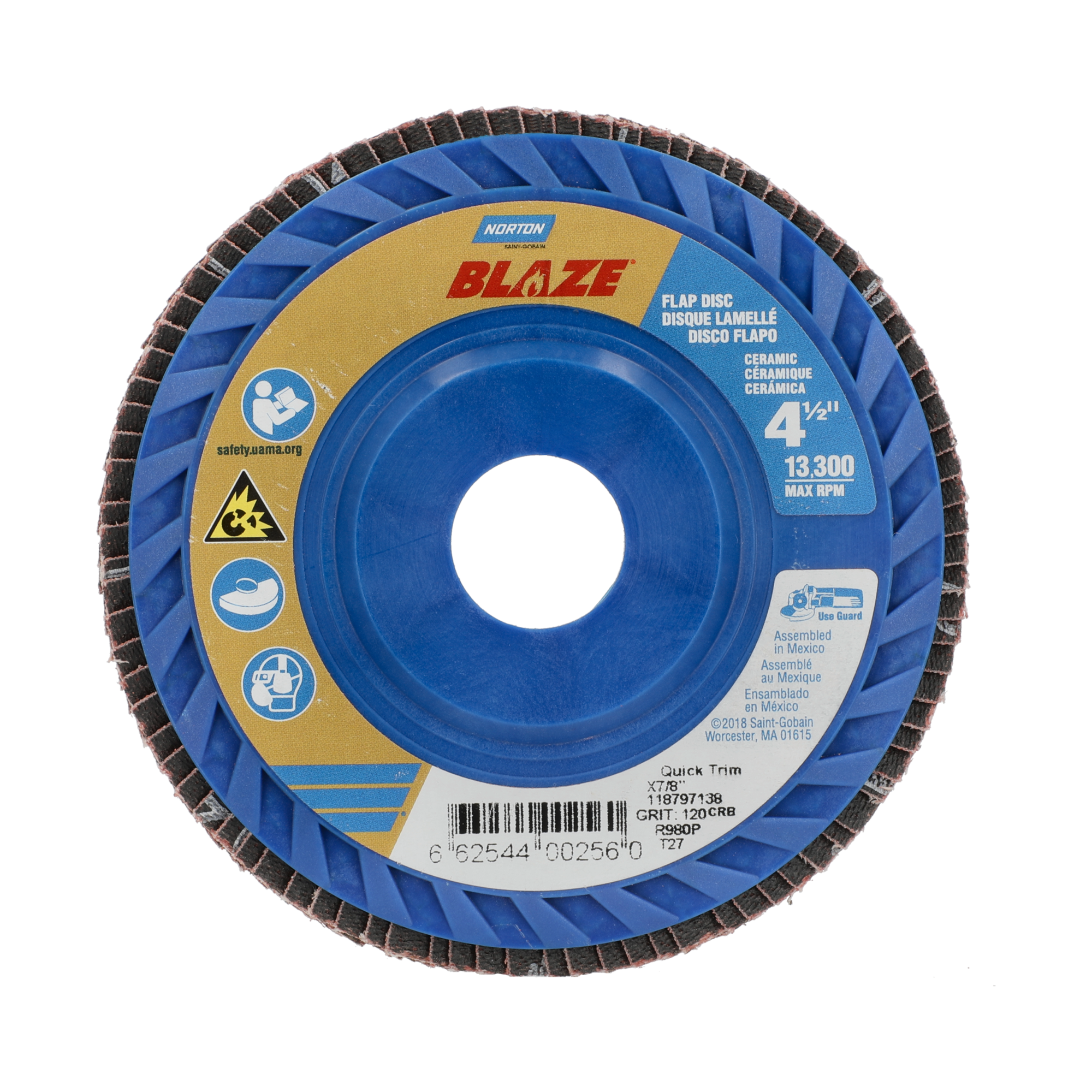 Norton 4-1/2 x 7/8 In. Blaze Plastic Flat Flap Disc T27 120 Grit R980P CA