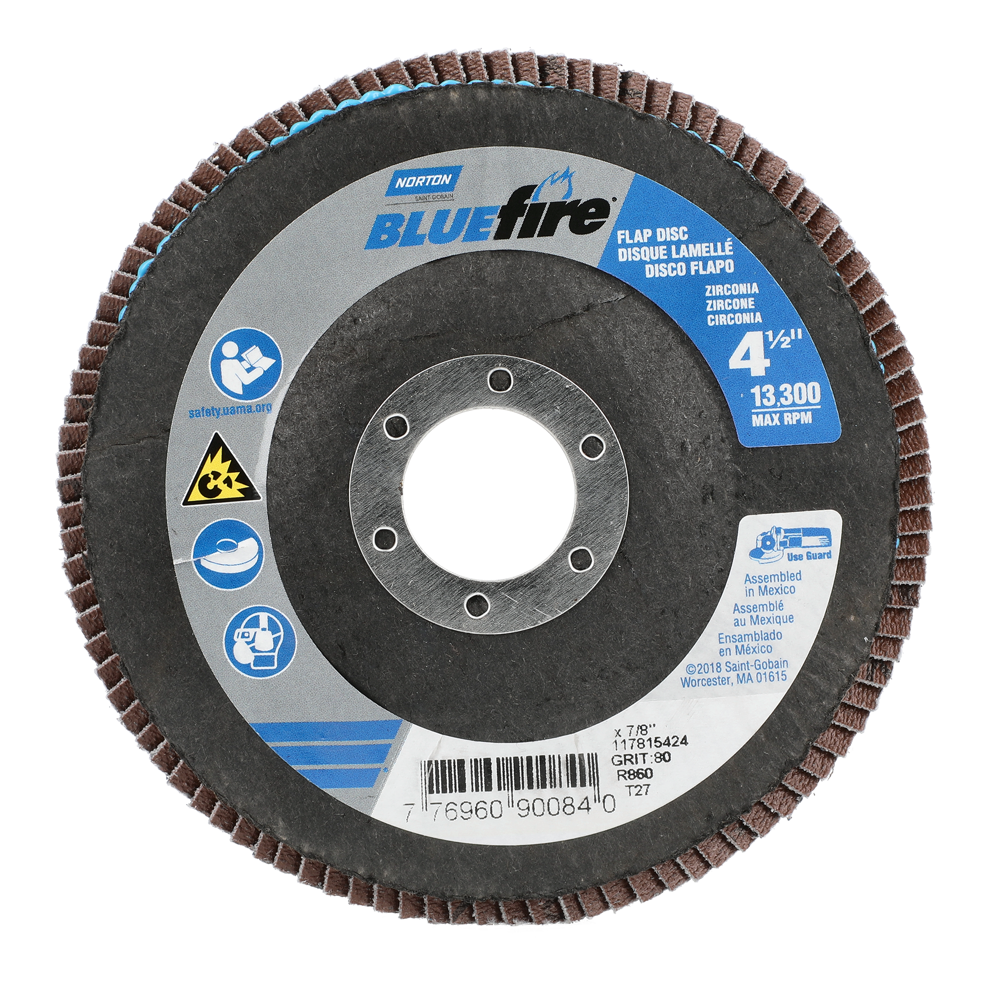 Norton 4-1/2 x 7/8 In. BlueFire Fiberglass HD Flat Flap Disc T27 P80 Grit R884P1 ZA