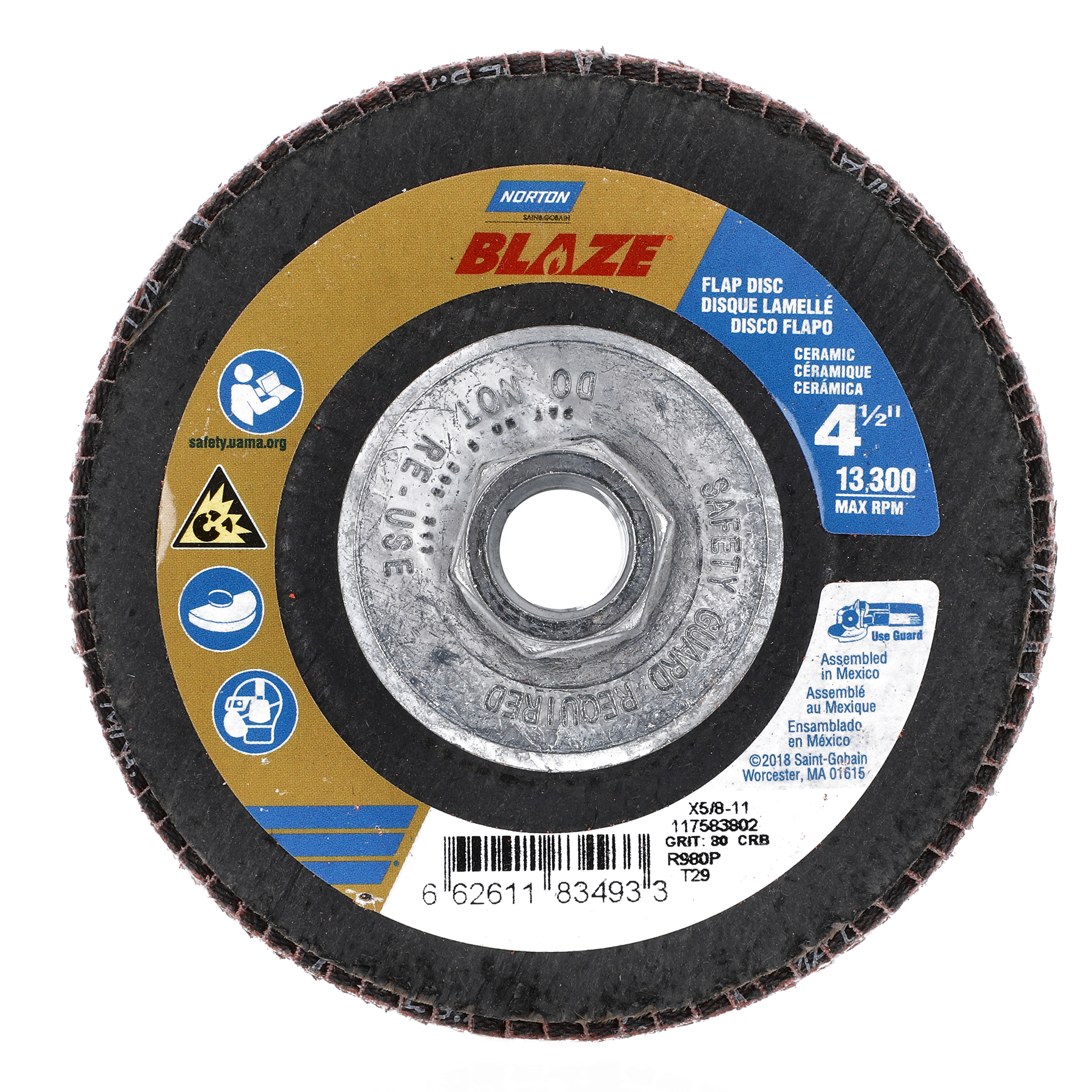 Norton 4-1/2 x 5/8 - 11 In. Blaze Fiberglass Conical Flap Disc T29 80 Grit R980P