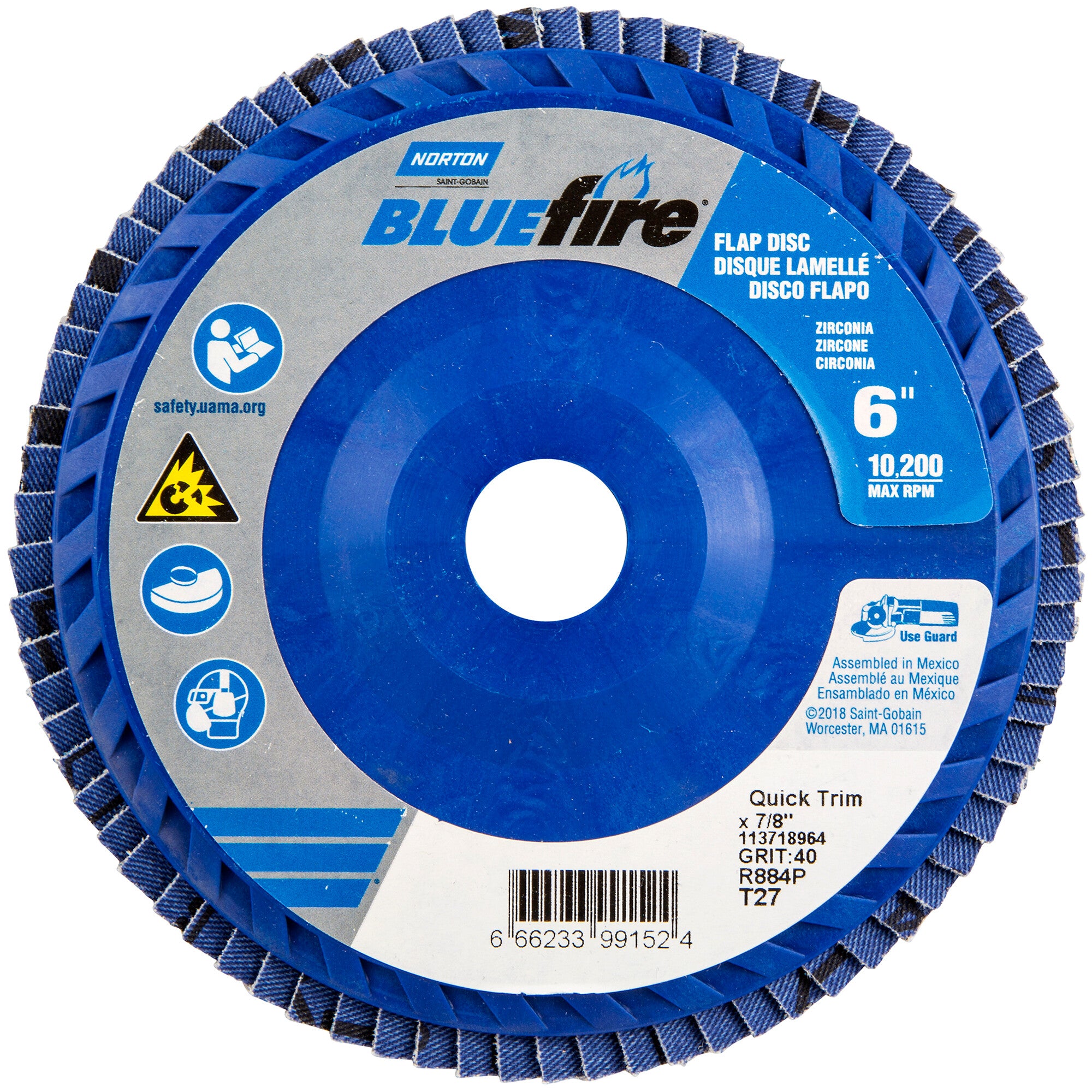 Norton 6 x 7/8 In. BlueFire Plastic Flat Flap Disc T27 P40 Grit R884P ZA
