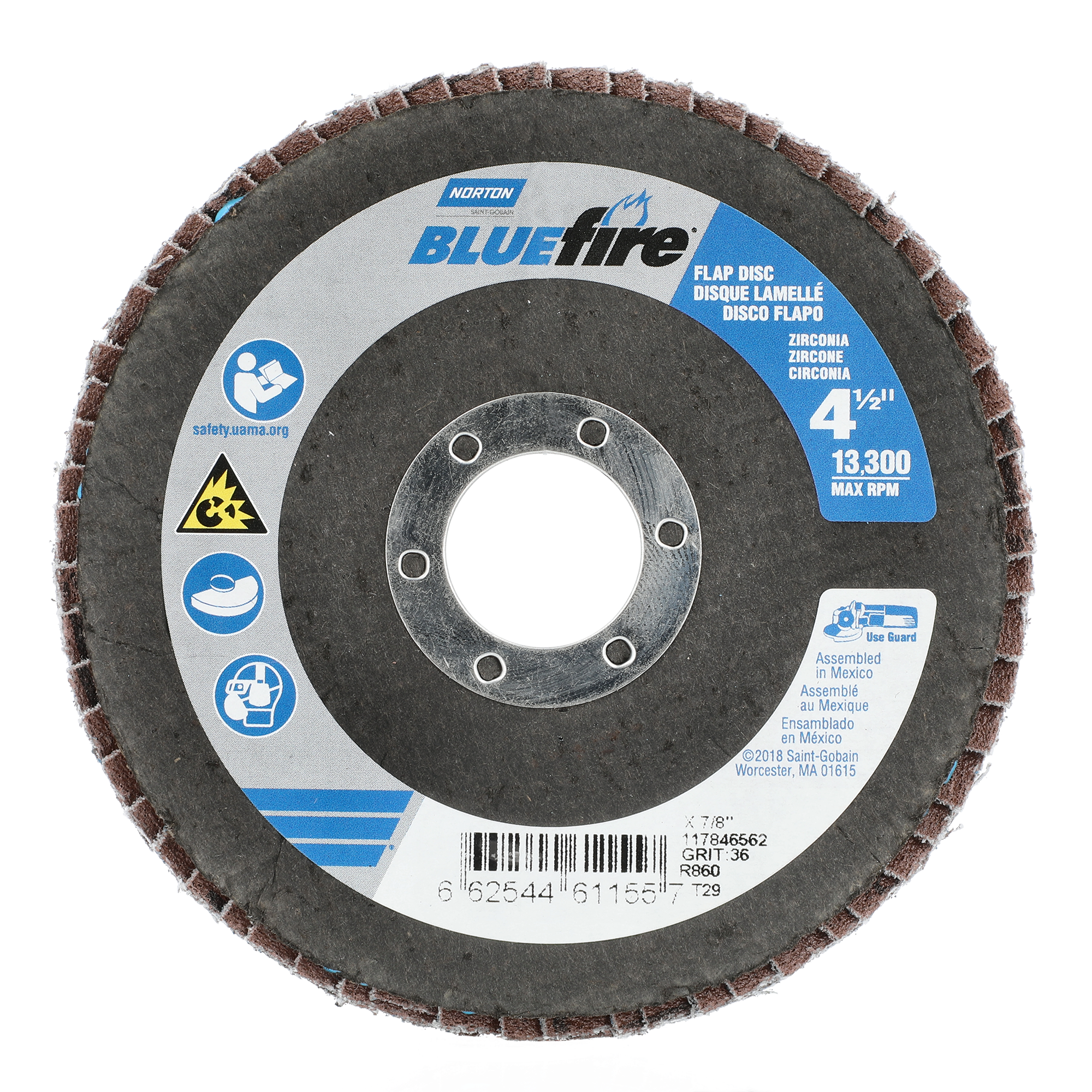 Norton 4-1/2 x 7/8 In. BlueFire Fiberglass Conical Flap Disc T29 P36 Grit R884P ZA