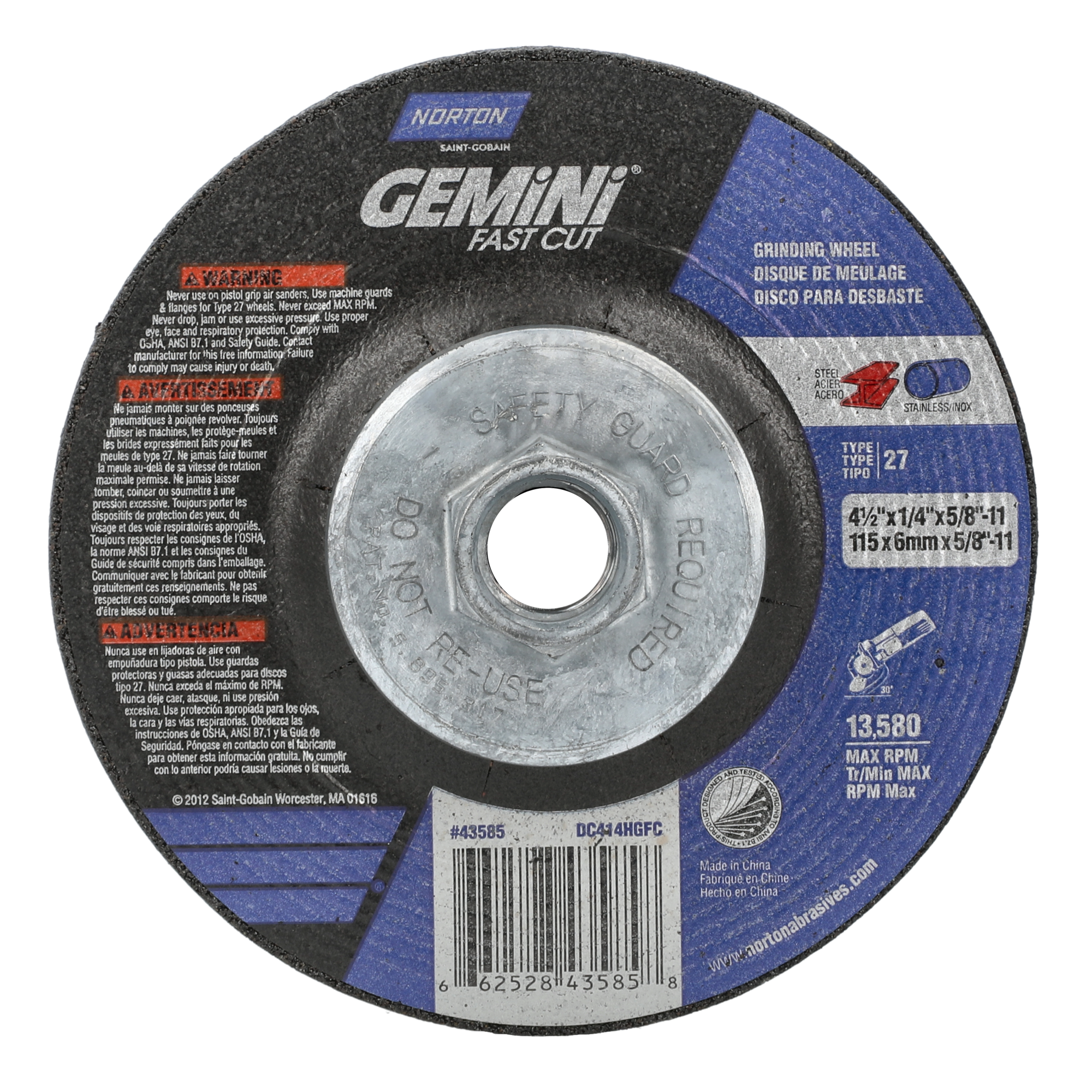 Norton 4-1/2 x 1/4 x 5/8 - 11 In. Gemini FC Grinding Wheel 24 N BDA T27