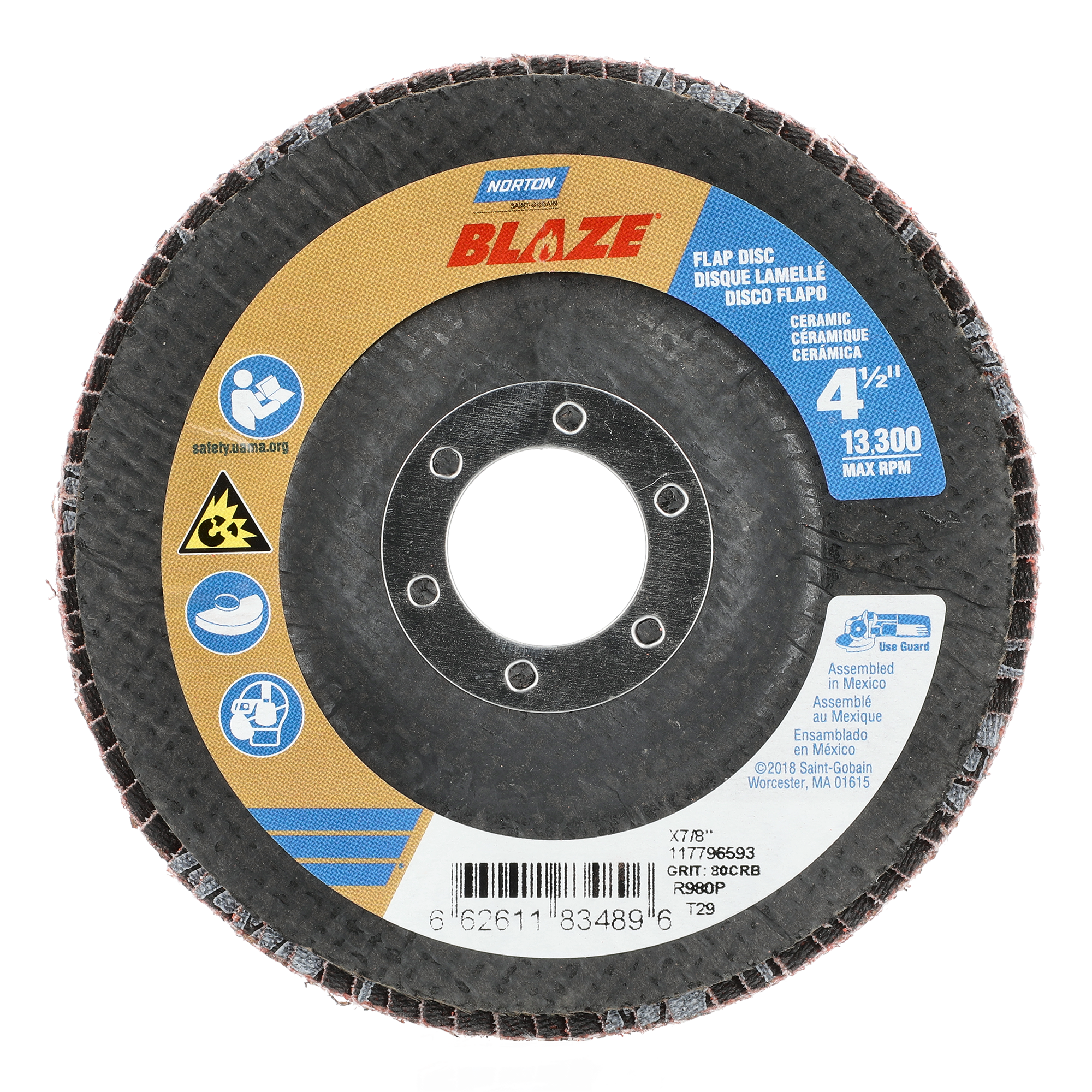 Norton 4-1/2 x 7/8 In. Blaze Fiberglass Conical Flap Disc T29 80 Grit R980P