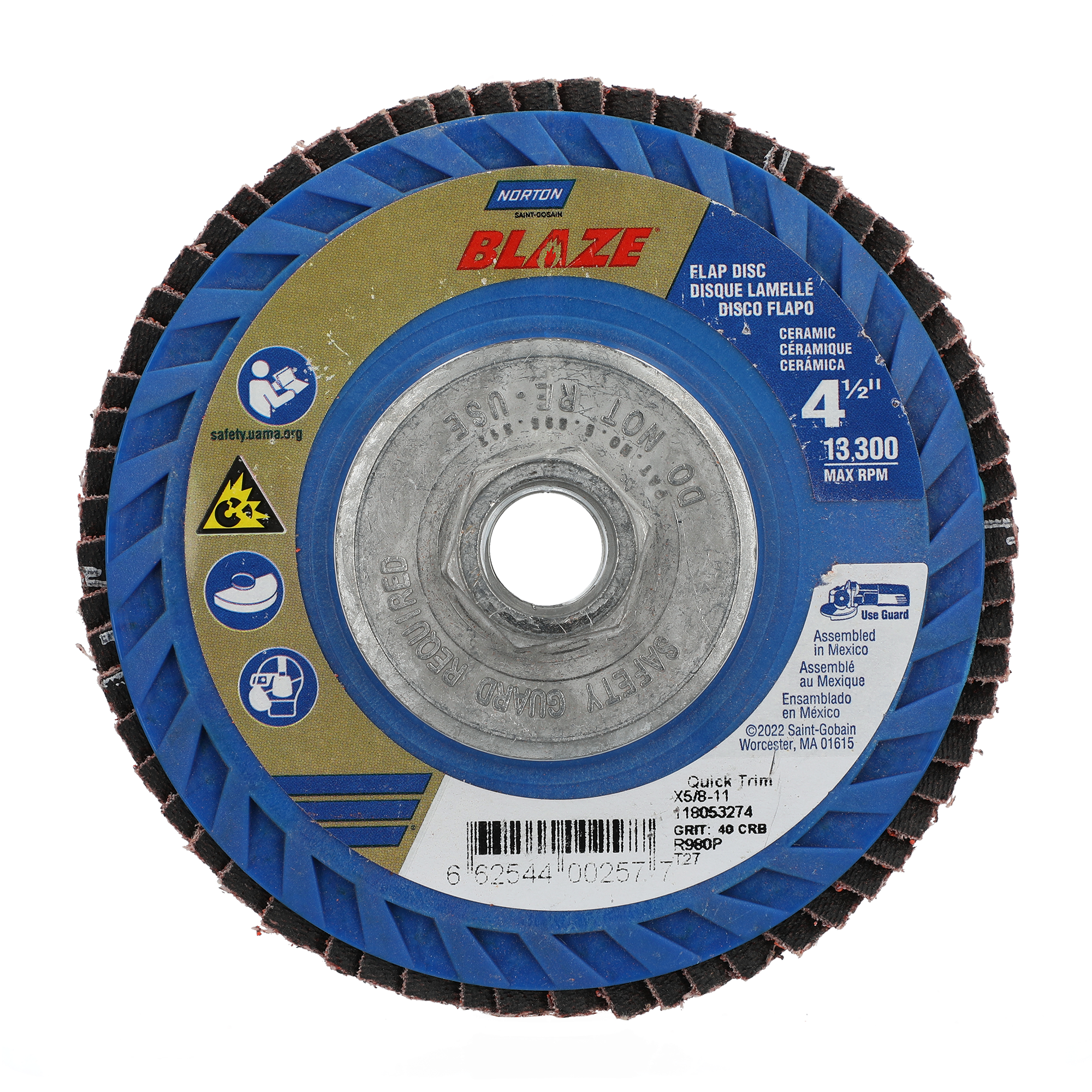 Norton 4-1/2 x 5/8 - 11 In. Blaze Plastic Flat Flap Disc T27 40 Grit R980P CA