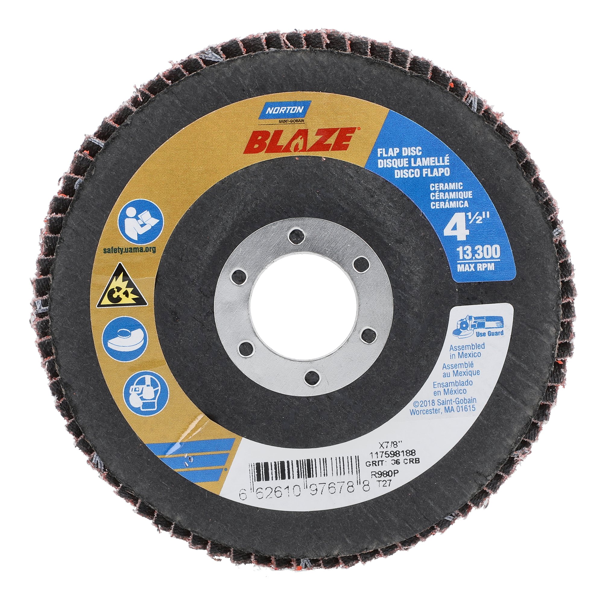 Norton 4-1/2 x 7/8 In. Blaze Fiberglass HD Flat Flap Disc T27 36 Grit R980P CA