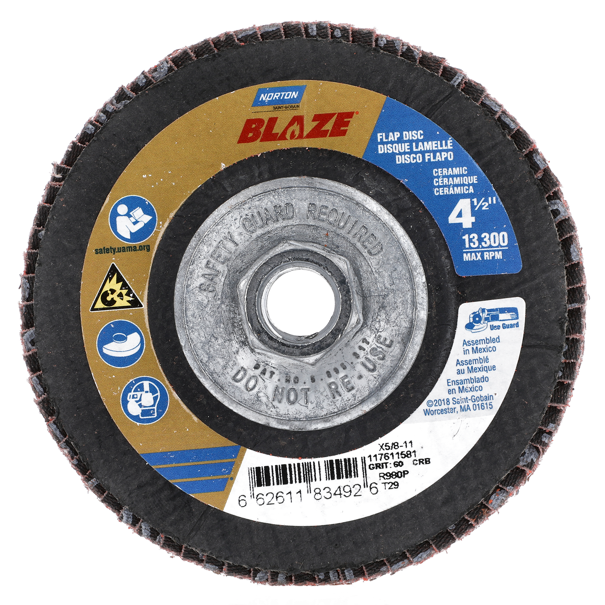 Norton 4-1/2 x 5/8 - 11 In. Blaze Fiberglass Conical Flap Disc T29 60 Grit R980P CA