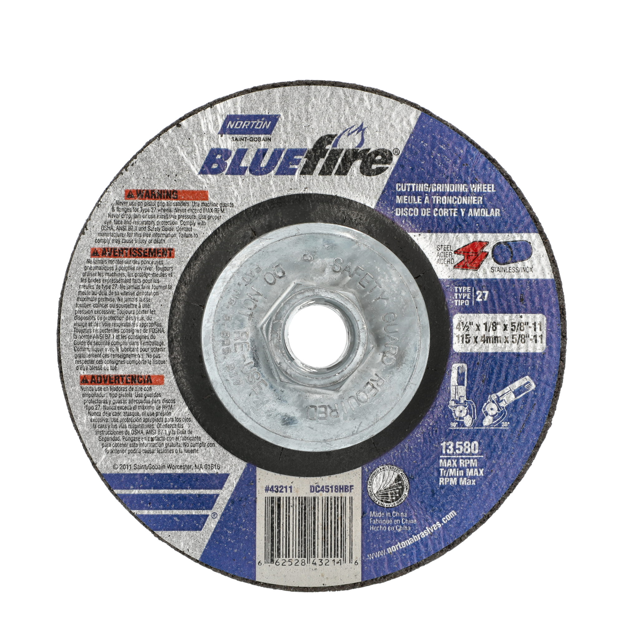 Norton 4-1/2 x 1/8 x 5/8 - 11 In. BlueFire Grinding and Cutting Whl 30 U T27