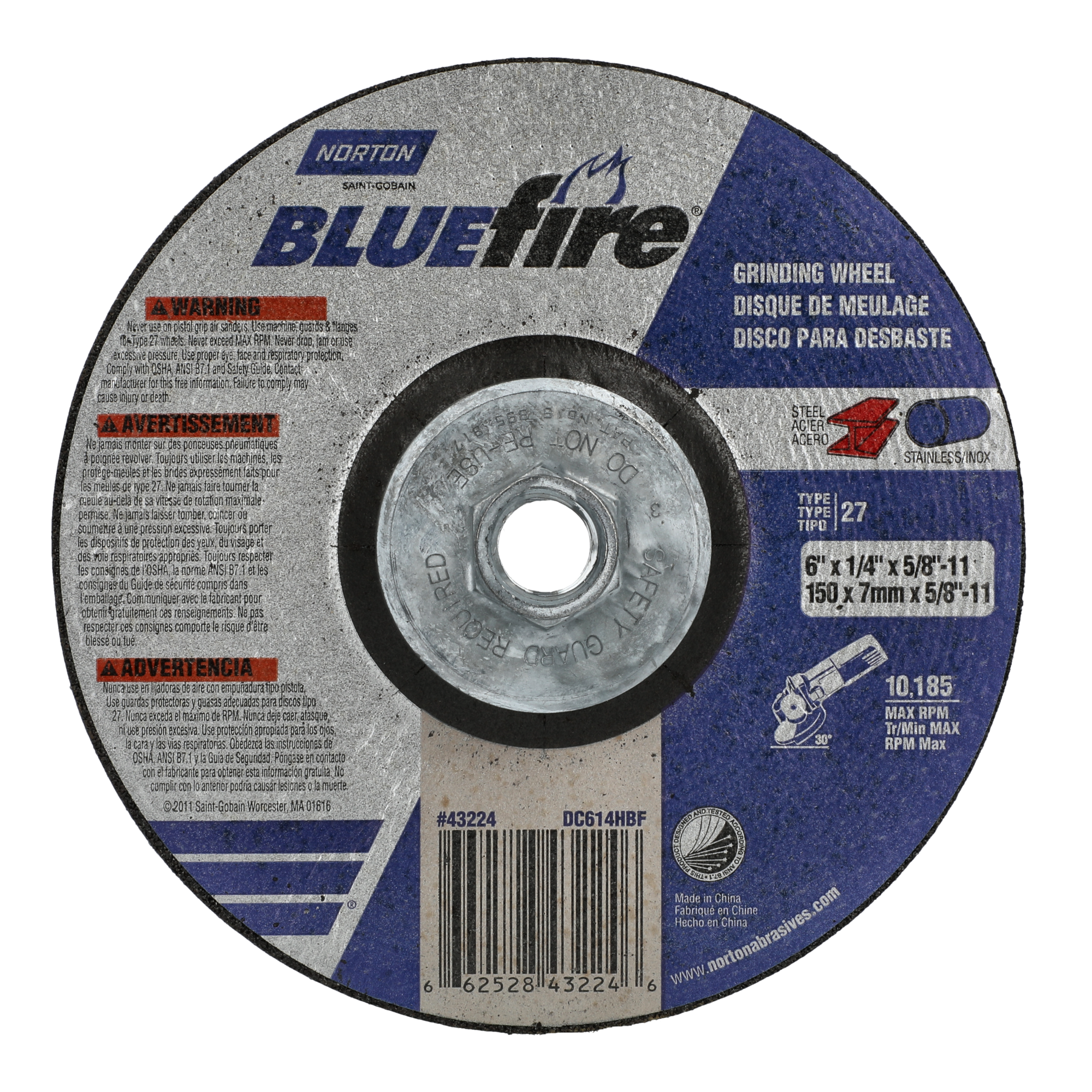 Norton 6 x 1/4 x 5/8 - 11 In. BlueFire Grinding Wheel 24 S T27