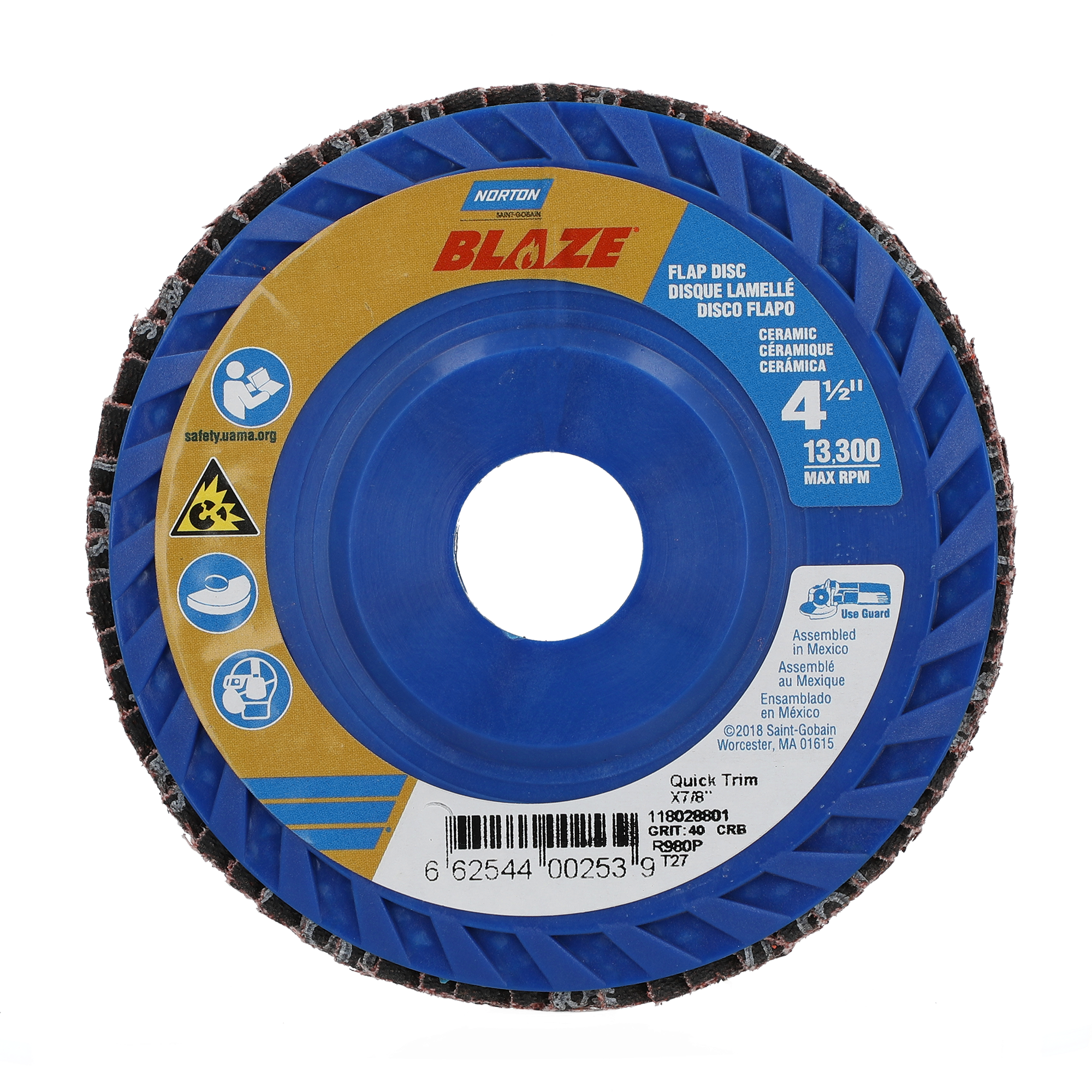 Norton 4-1/2 x 7/8 In. Blaze Plastic Flat Flap Disc T27 40 Grit R980P CA