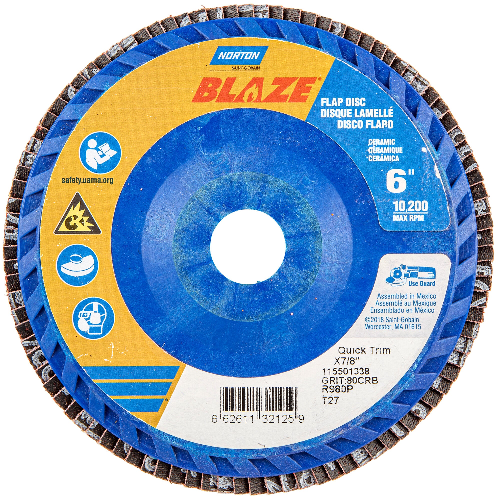 Norton 6 x 7/8 In. Blaze Plastic Flat Flap Disc T27 80 Grit R980P