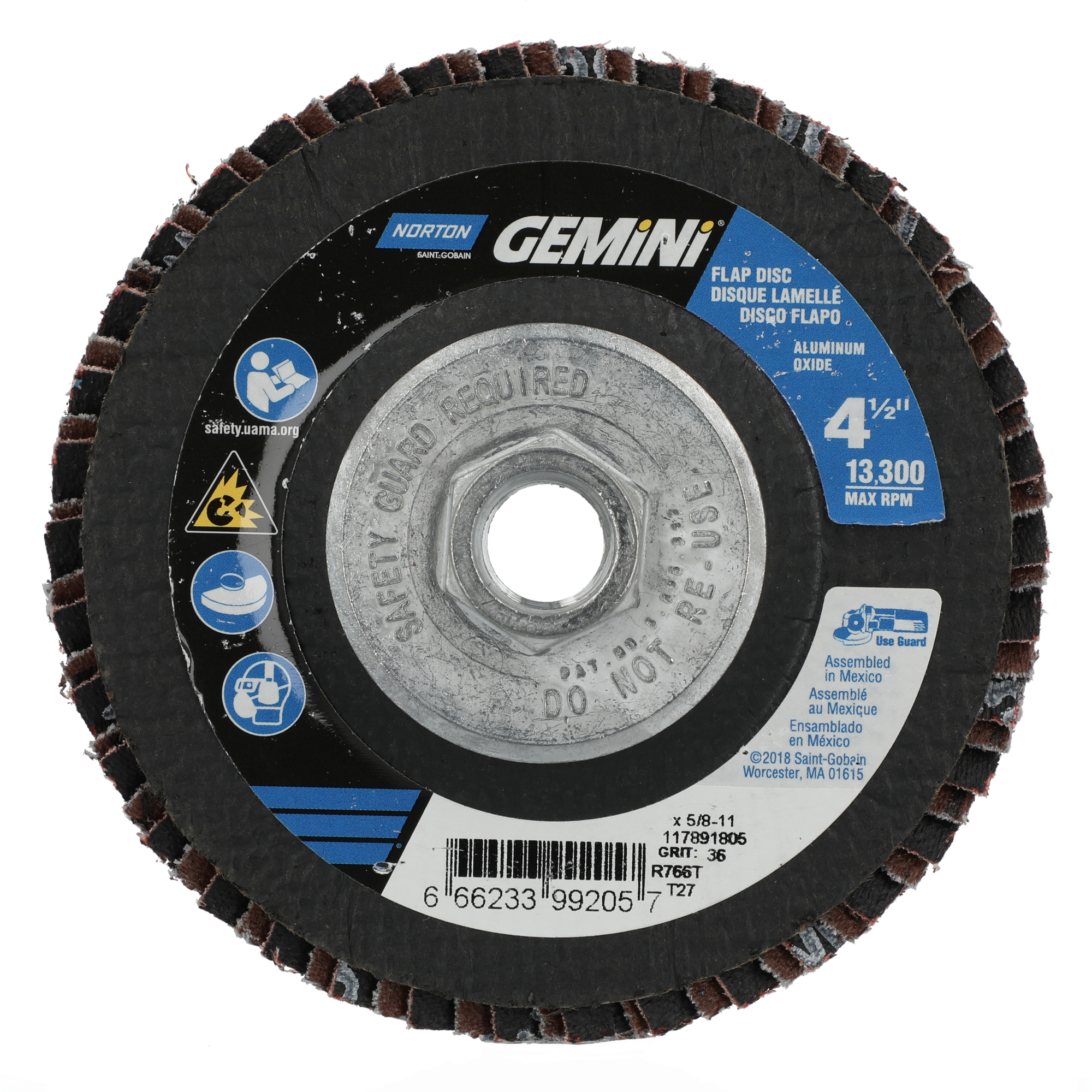 Norton 4-1/2 x 5/8 - 11 In. Gemini Fiberglass HD Flat Flap Disc T27 P36 Grit R766 ZA