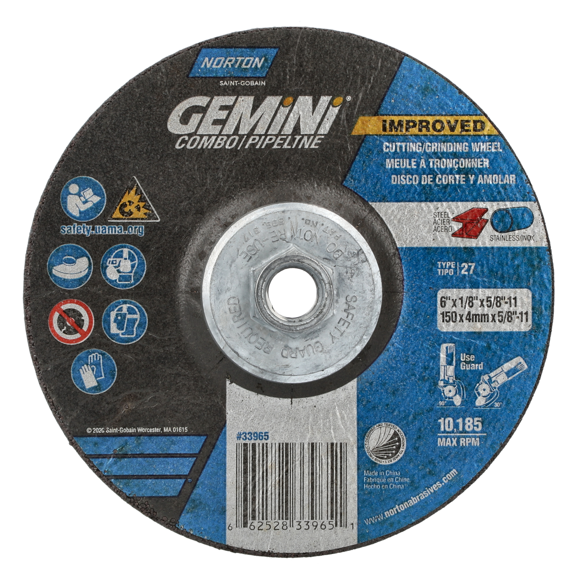 Norton 6 x 1/8 x 5/8 - 11 In. Gemini Grinding and Cutting Whl 24 T T27