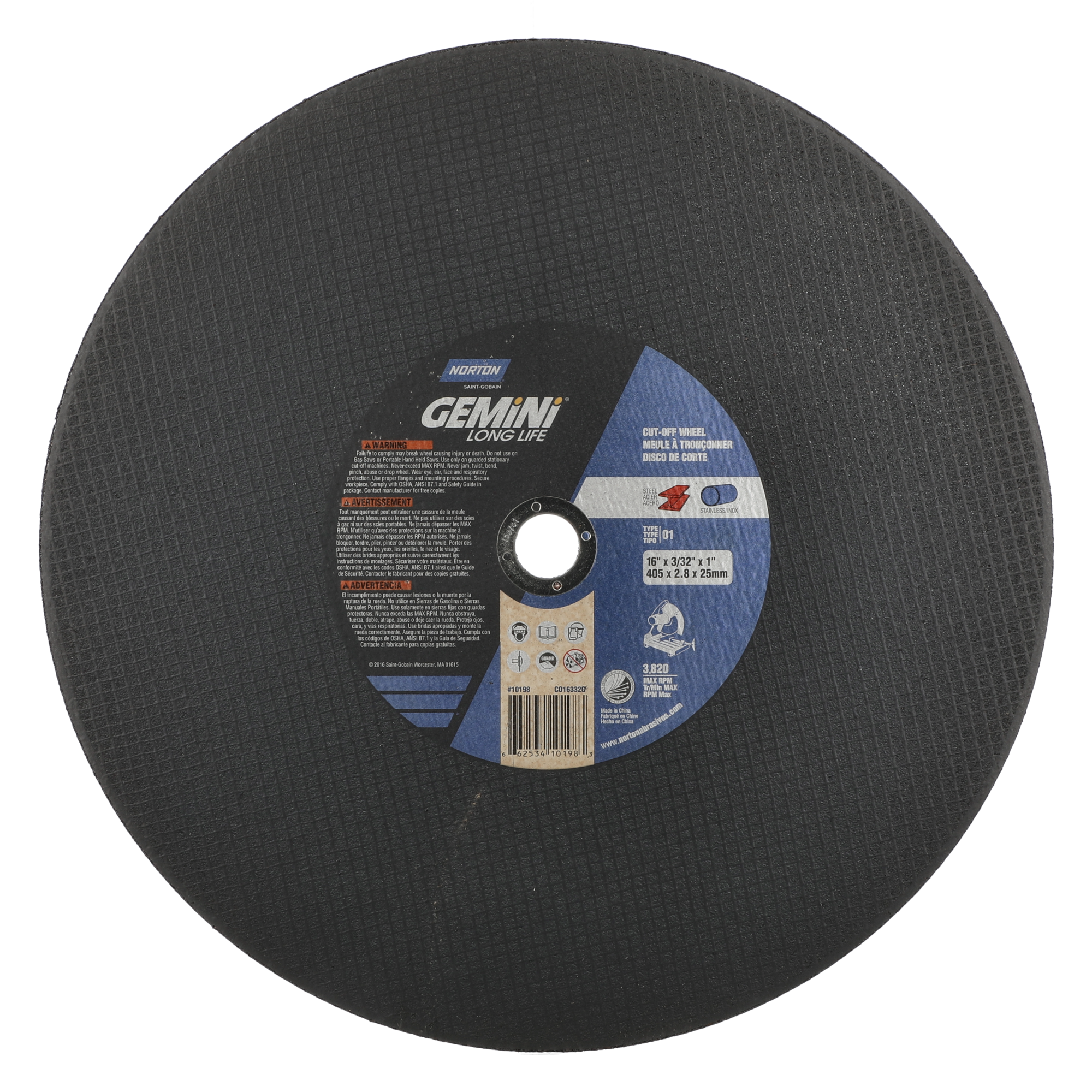 Norton 16 x 7/64 x 1 In. Gemini LF Chop Saw Cut-Off Wheel 36 P T01/41