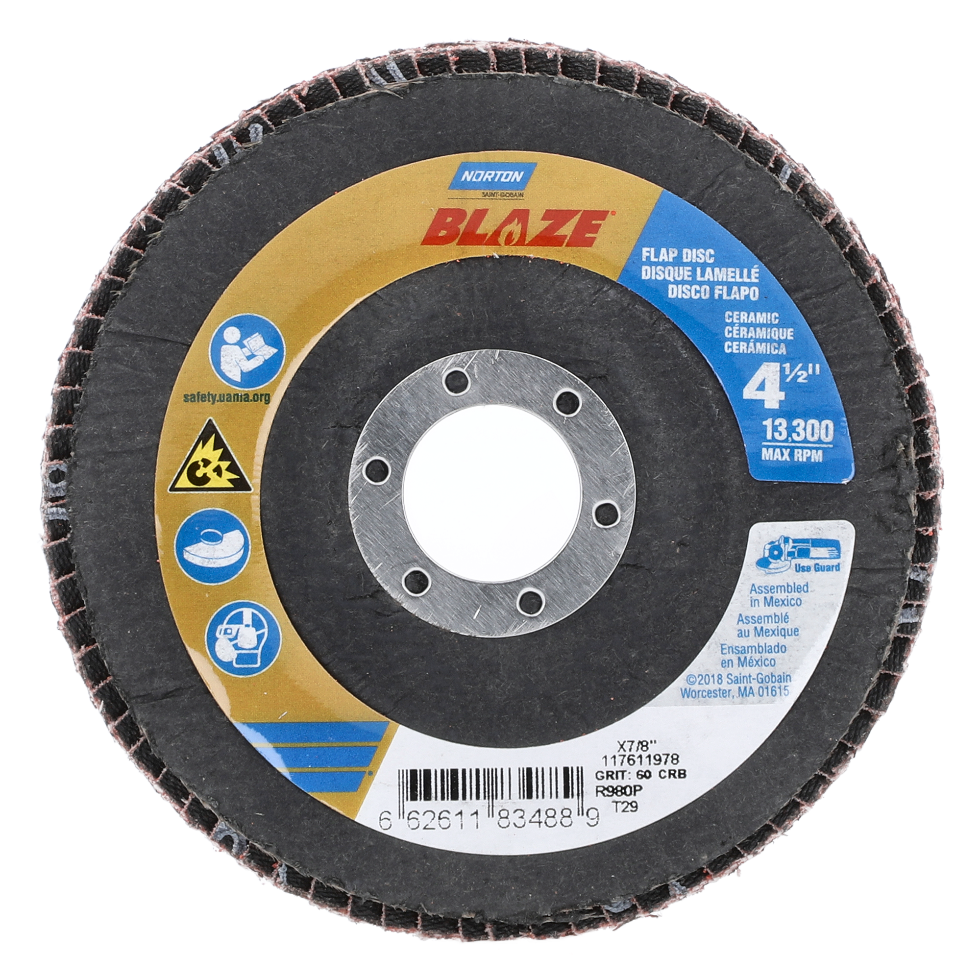 Norton 4-1/2 x 7/8 In. Blaze Fiberglass Conical Flap Disc T29 60 Grit R980P CA