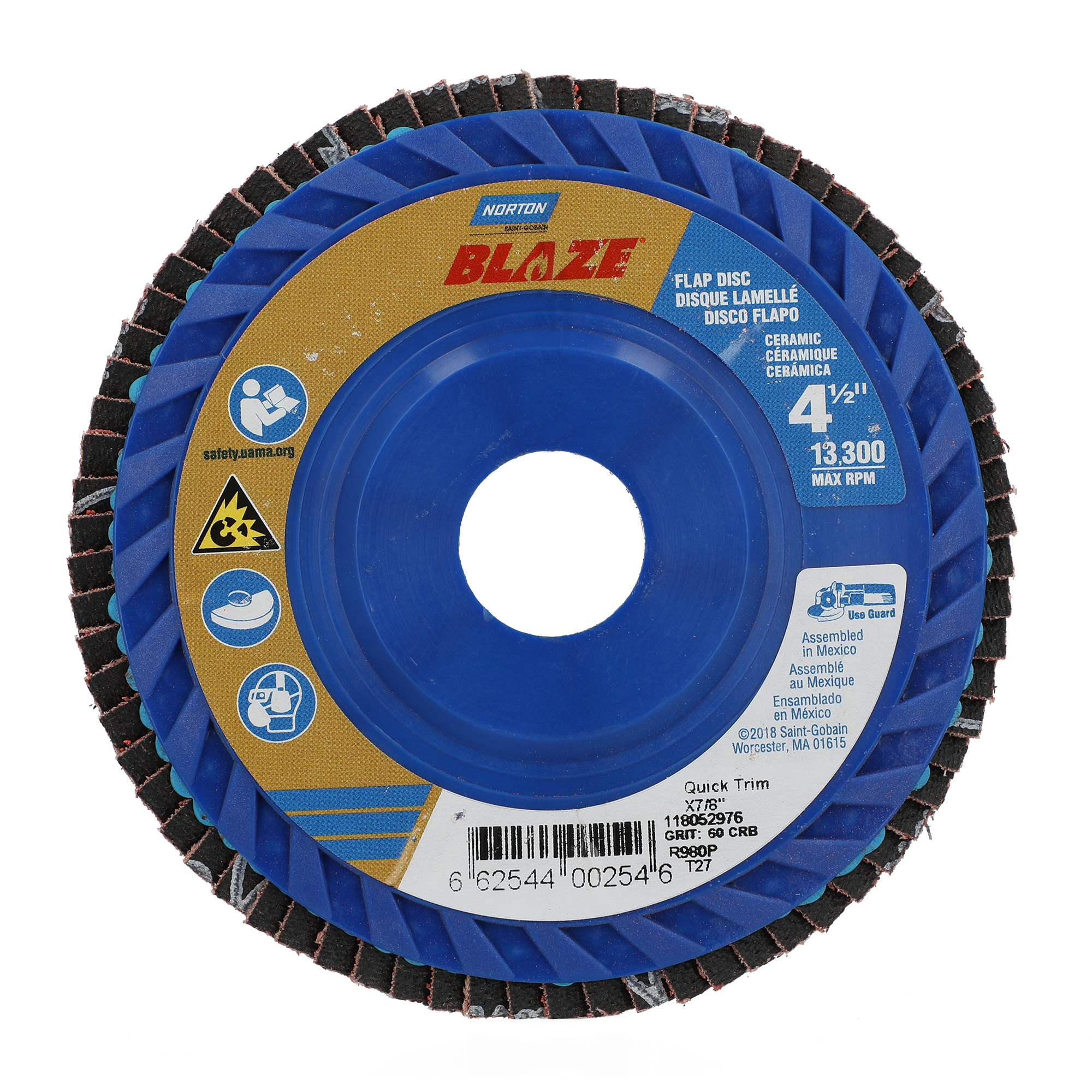 Norton 4-1/2 x 7/8 In. Blaze Plastic Flat Flap Disc T27 60 Grit R980P CA