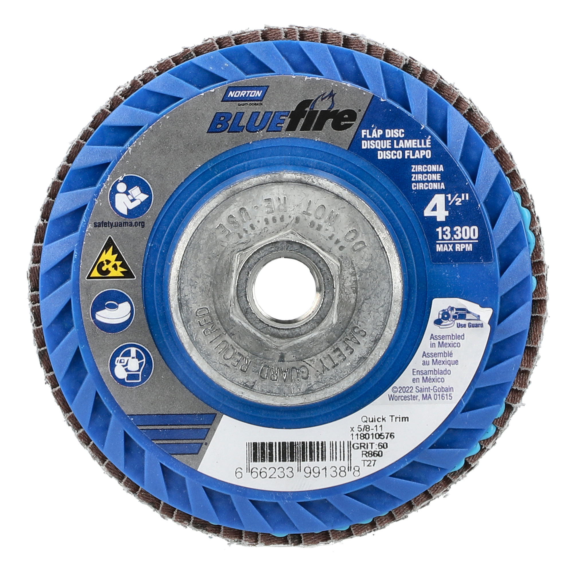 Norton 4-1/2 x 5/8 - 11 In. BlueFire Plastic Flat Flap Disc T27 P60 Grit R884P ZA