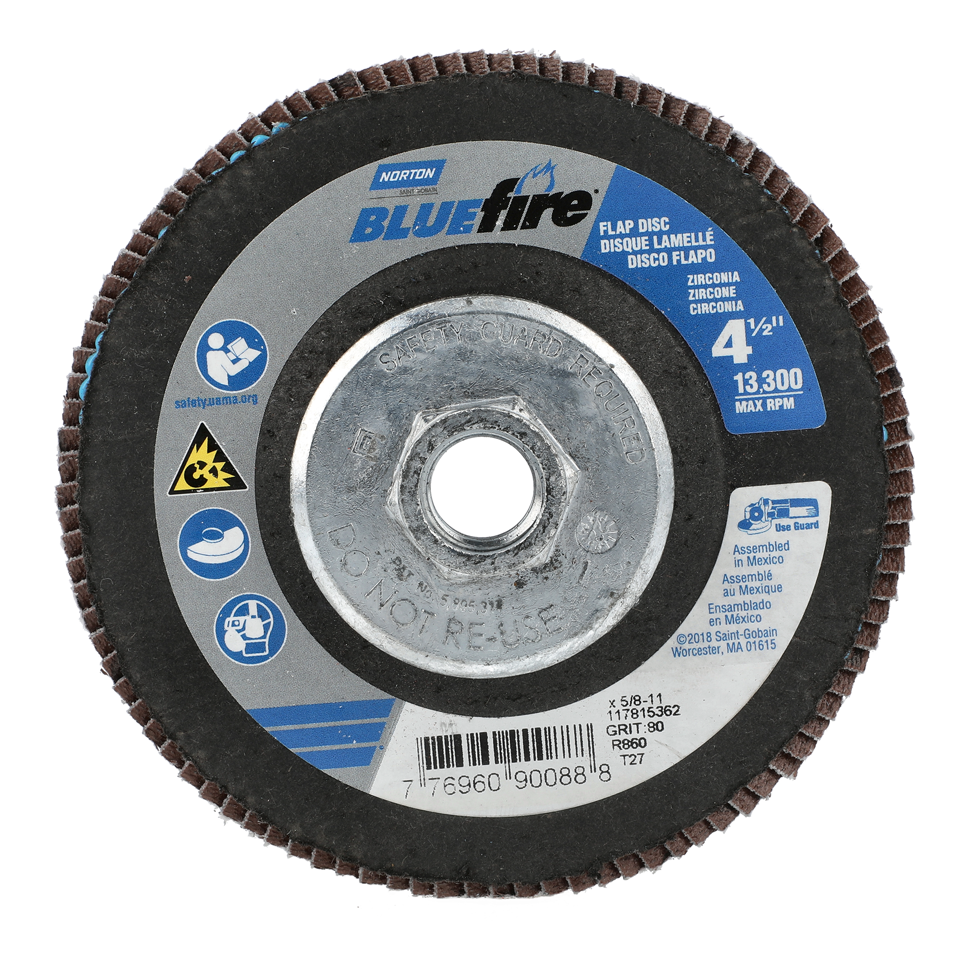 Norton 4-1/2 x 5/8 - 11 In. BlueFire Fiberglass HD Flat Flap Disc T27 P80 Grit R884P1 ZA