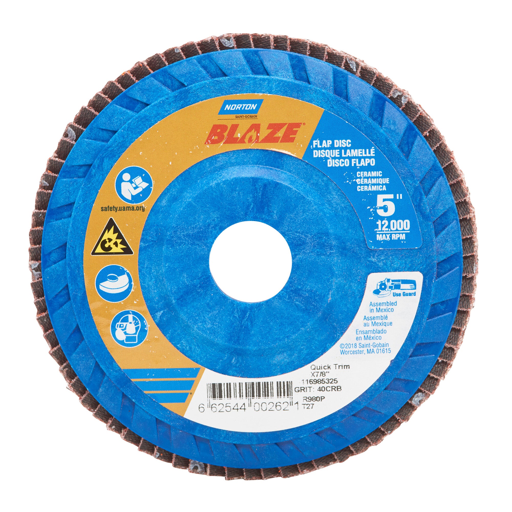 Norton 5 x 7/8 In. Blaze Plastic Flat Flap Disc T27 40 Grit R980P CA