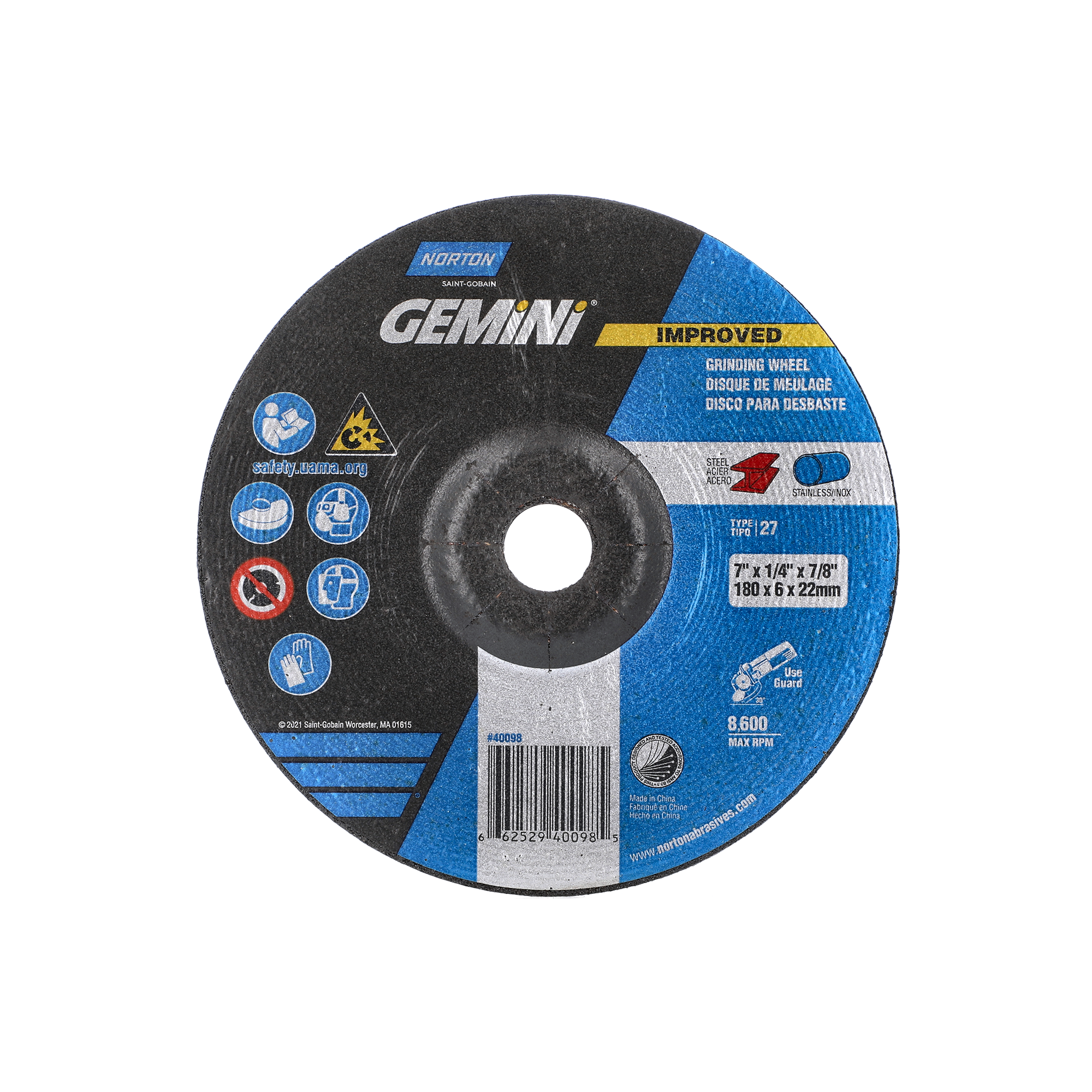 Norton 7 x 1/4 x 7/8 In. Gemini LF Grinding Wheel 24 R T27