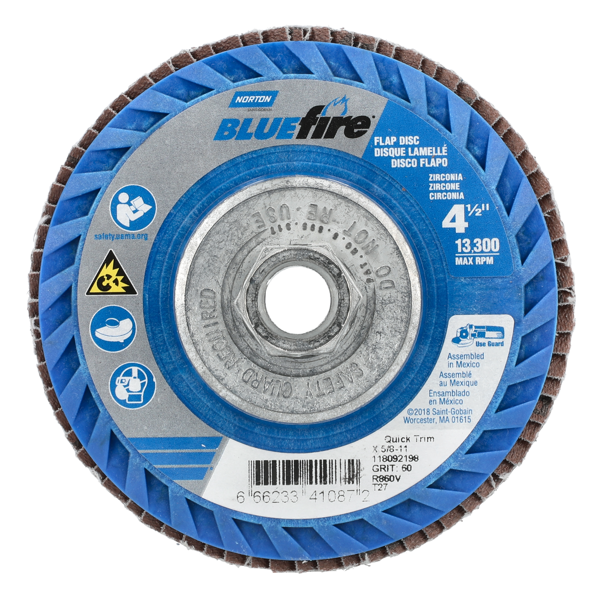 Norton 4-1/2 x 5/8 - 11 In. BlueFire Plastic Flat Flap Disc T27 P60 Grit R884V1 ZA