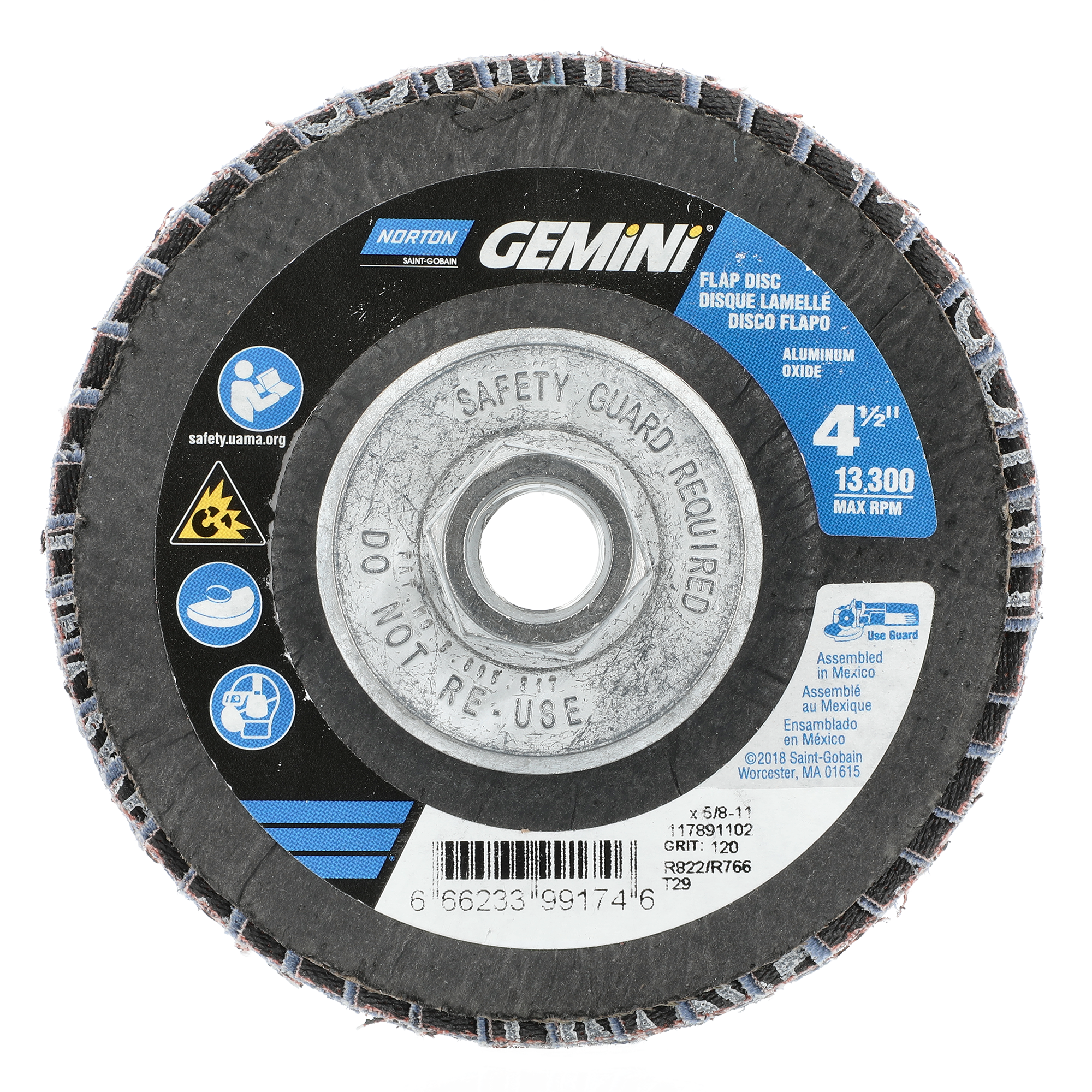 Norton 4-1/2 x 5/8 - 11 In. Gemini Fiberglass Conical Flap Disc T29 P120 Grit R766 ZA