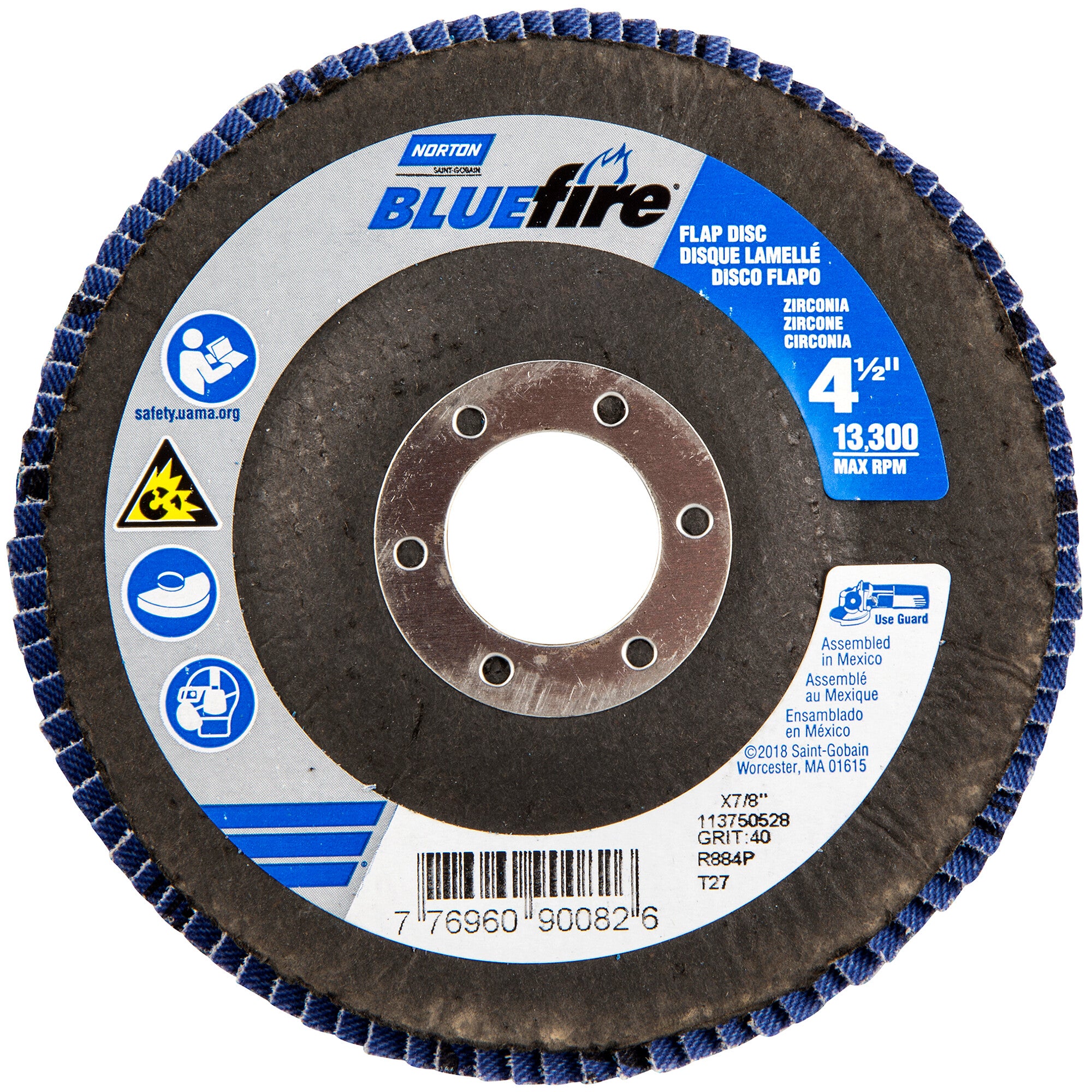 Norton 4-1/2 x 7/8 In. BlueFire Fiberglass HD Flat Flap Disc T27 P40 Grit R884P1 ZA