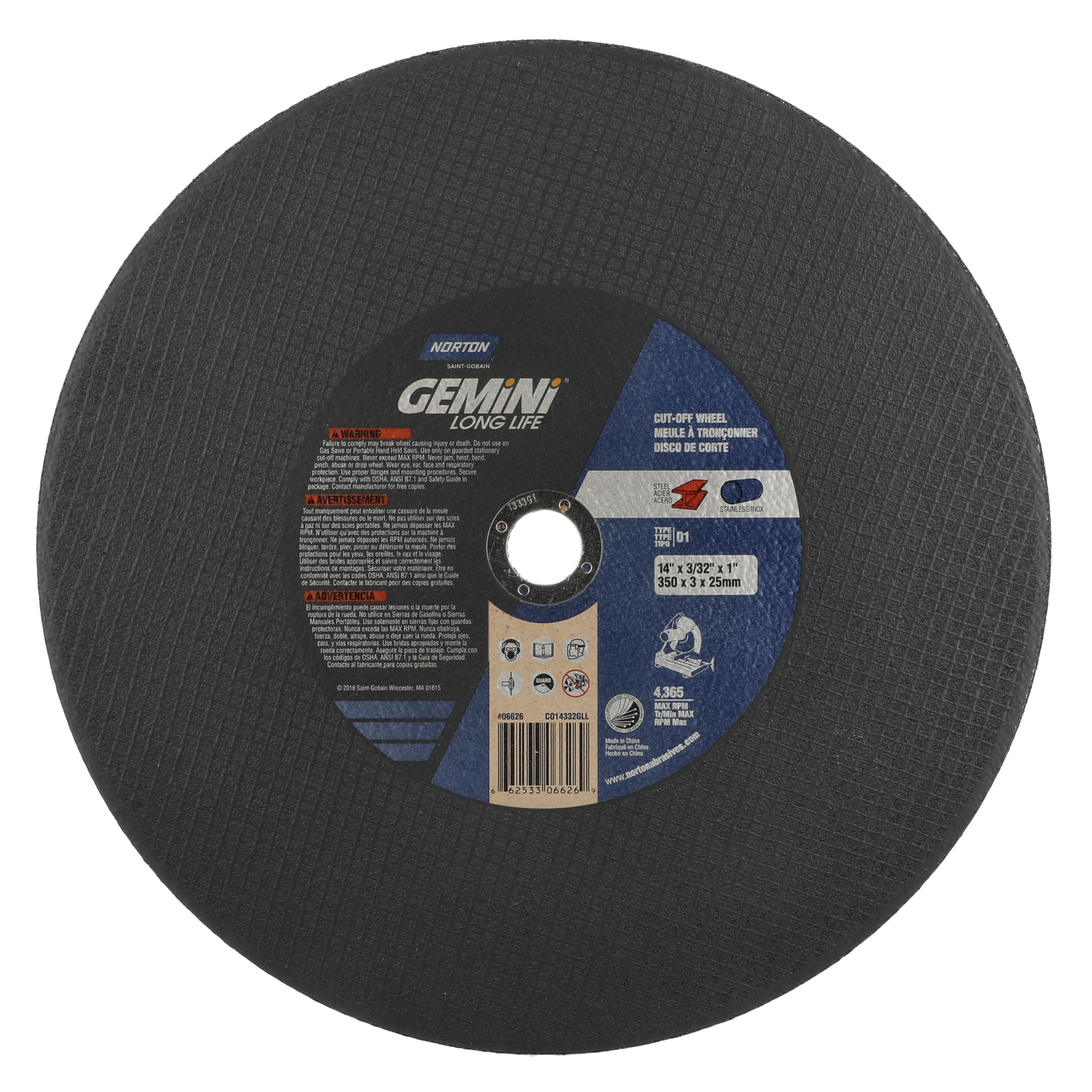 Norton 14 x 3/32 x 1 In. Gemini LF Chop Saw Cut-Off Wheel 36 P T01/41