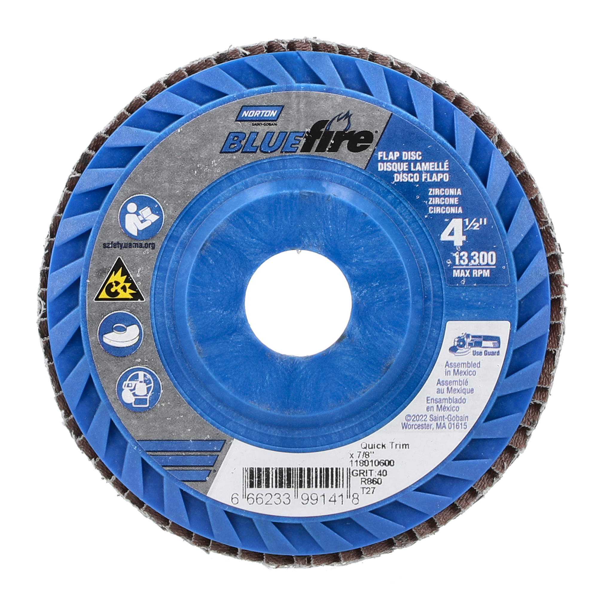 Norton 4-1/2 x 7/8 In. BlueFire Plastic Flat Flap Disc T27 P40 Grit R884P ZA
