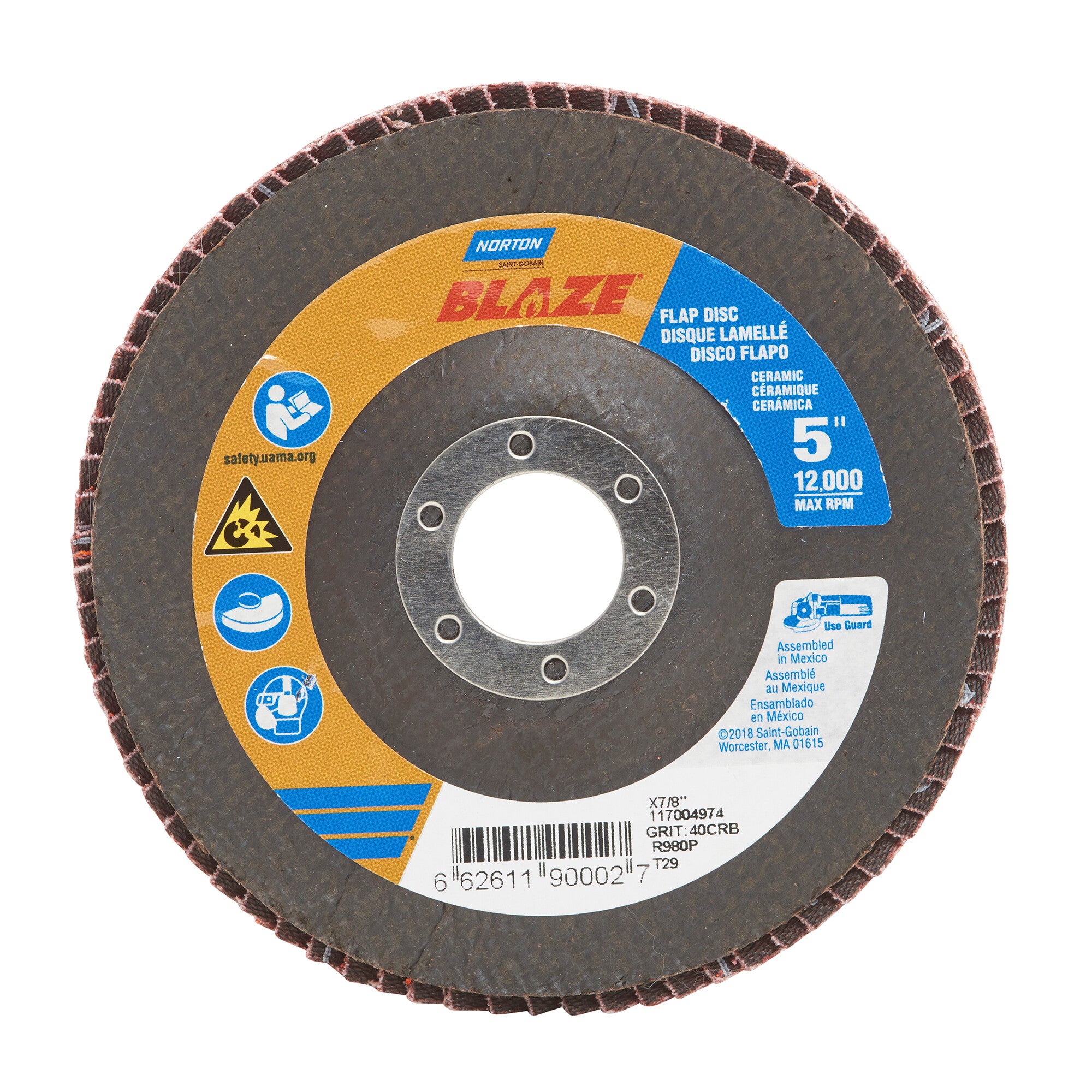 Norton 5 x 7/8 In. Blaze Fiberglass Conical Flap Disc T29 40 Grit R980P CA