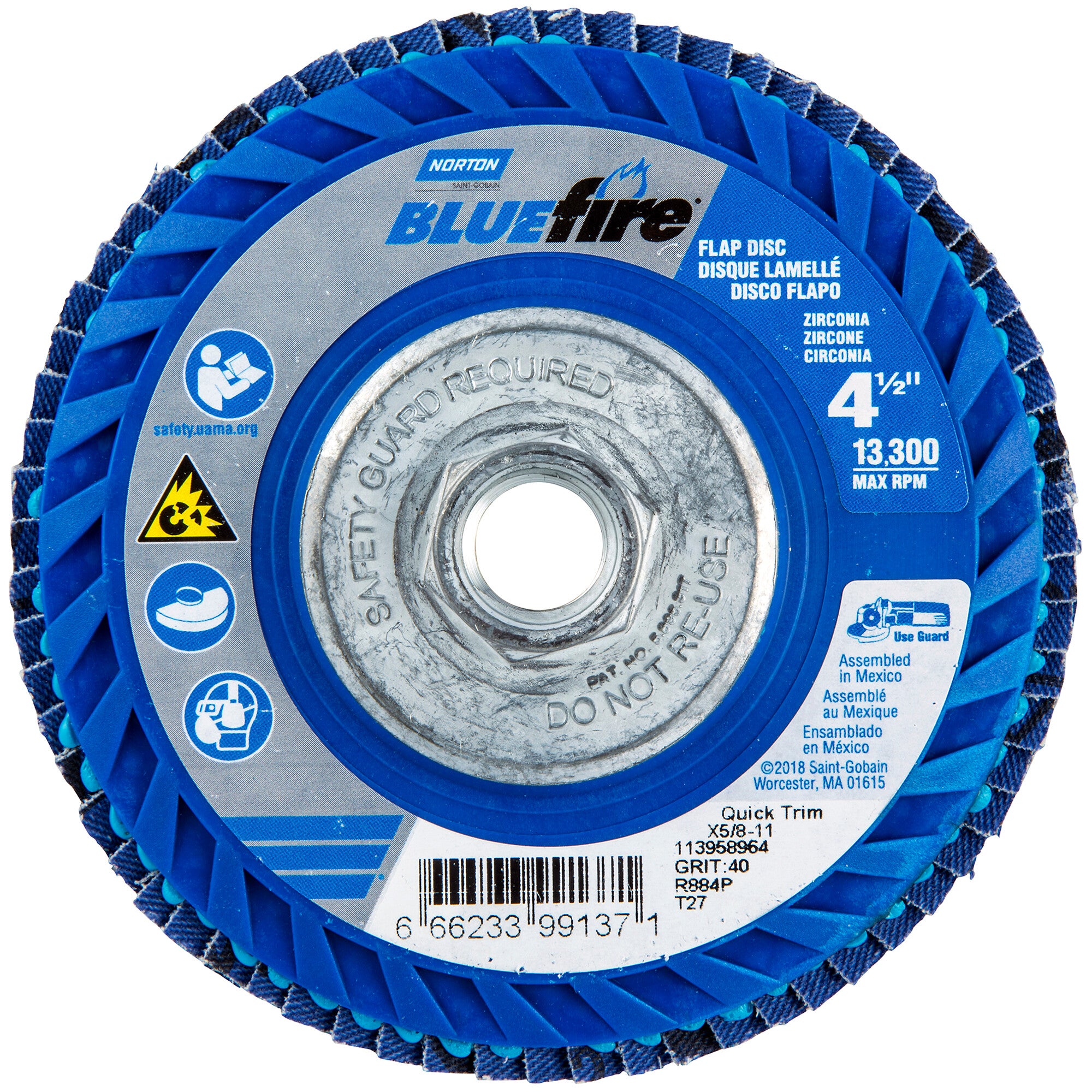 Norton 4-1/2 x 5/8 - 11 In. BlueFire Plastic Flat Flap Disc T27 P40 Grit R884P ZA