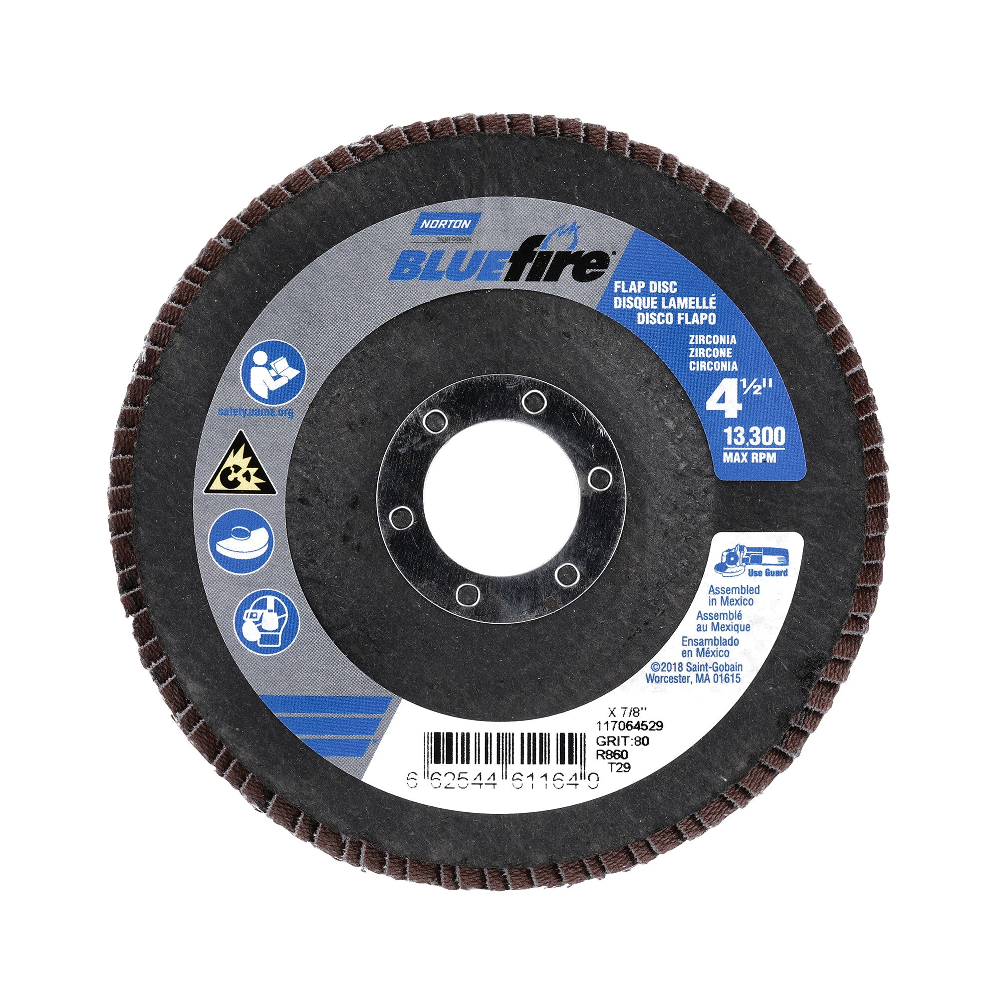 Norton 4-1/2 x 7/8 In. BlueFire Fiberglass Conical Flap Disc T29 P80 Grit R884P ZA