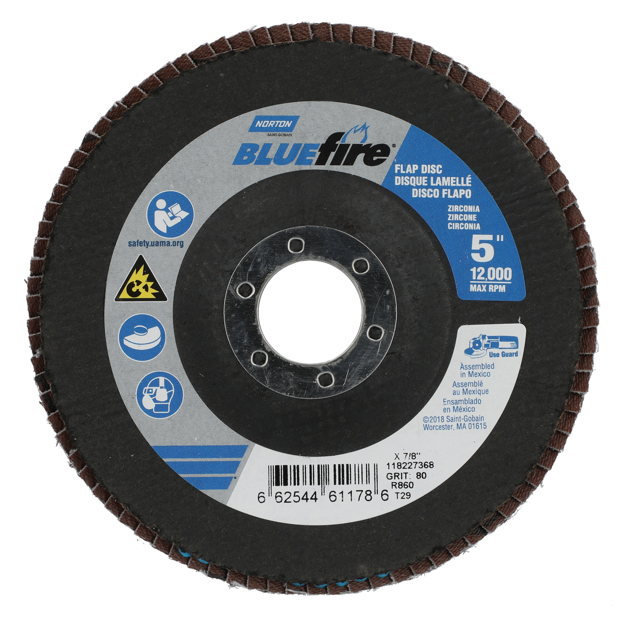 Norton 5 x 7/8 In. BlueFire Fiberglass Conical Flap Disc T29 P80 Grit R884P ZA