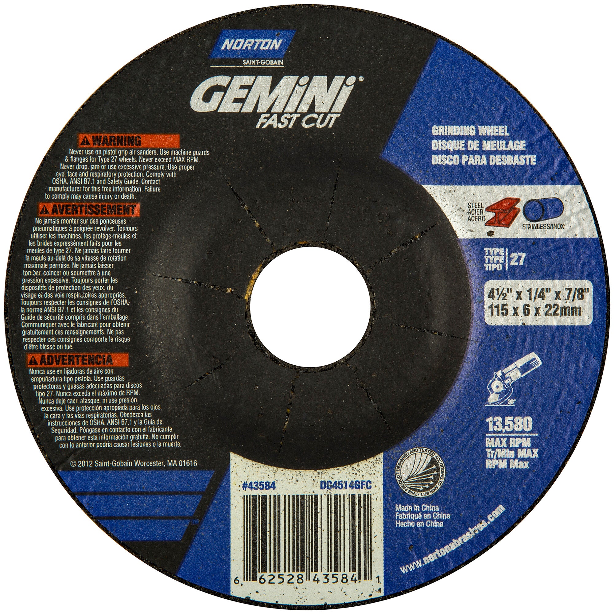 Norton 4-1/2 x 1/4 x 7/8 In. Gemini FC Grinding Wheel 24 N BDA T27