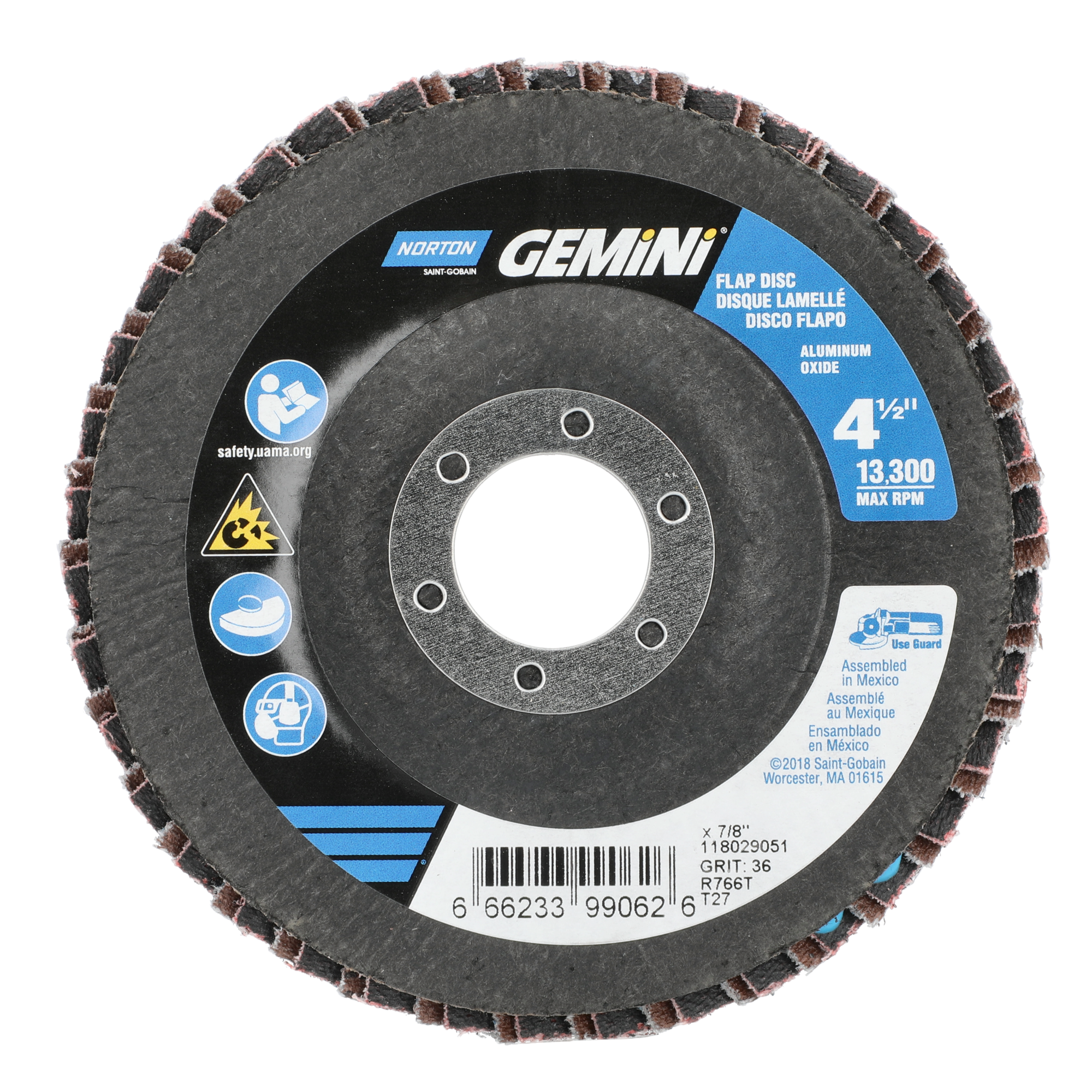 Norton 4-1/2 x 7/8 In. Gemini Fiberglass HD Flat Flap Disc T27 P36 Grit R766 ZA