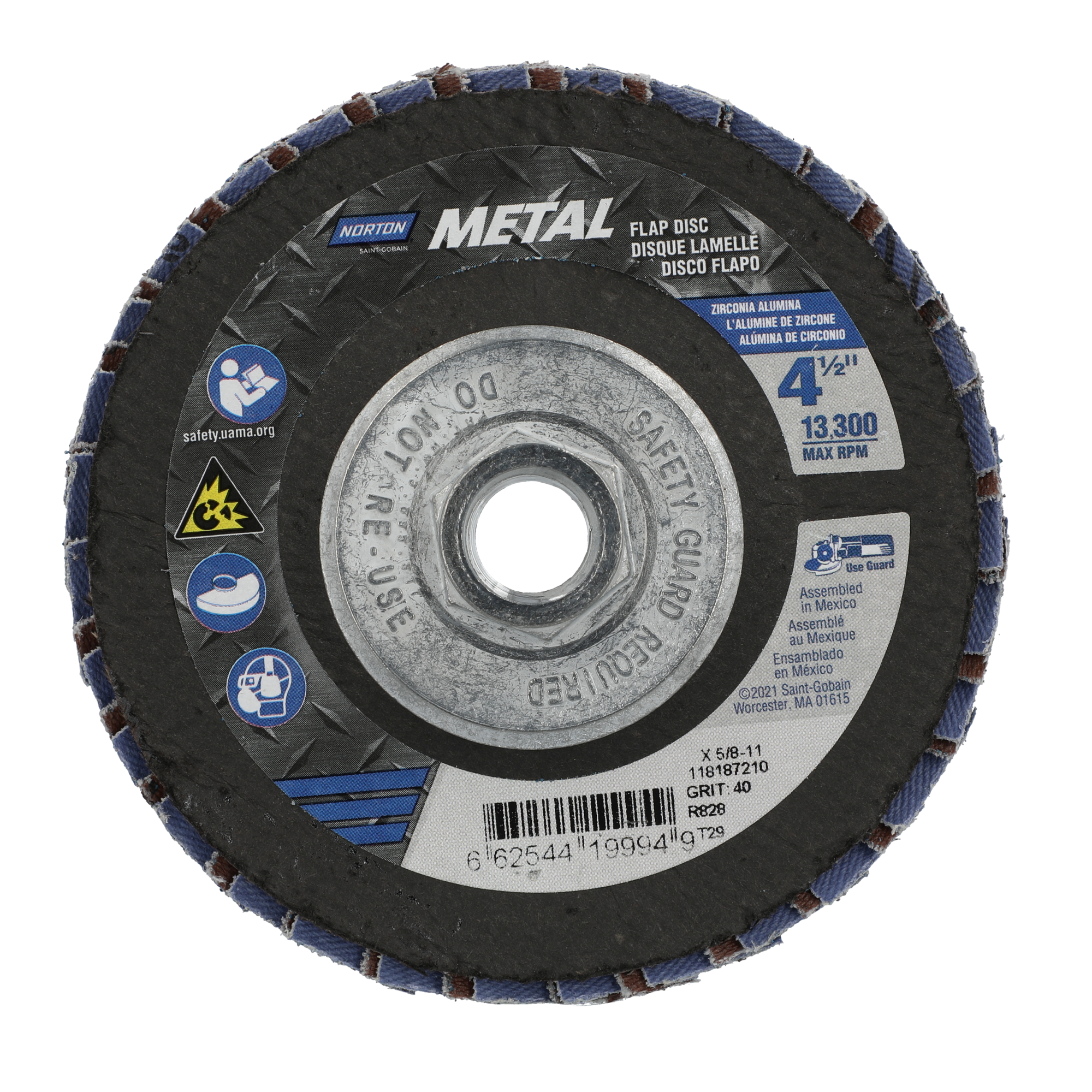 Norton 4-1/2 x 5/8 - 11 In. Metal Fiberglass Conical Flap Disc T29 P40 Grit R828 ZA