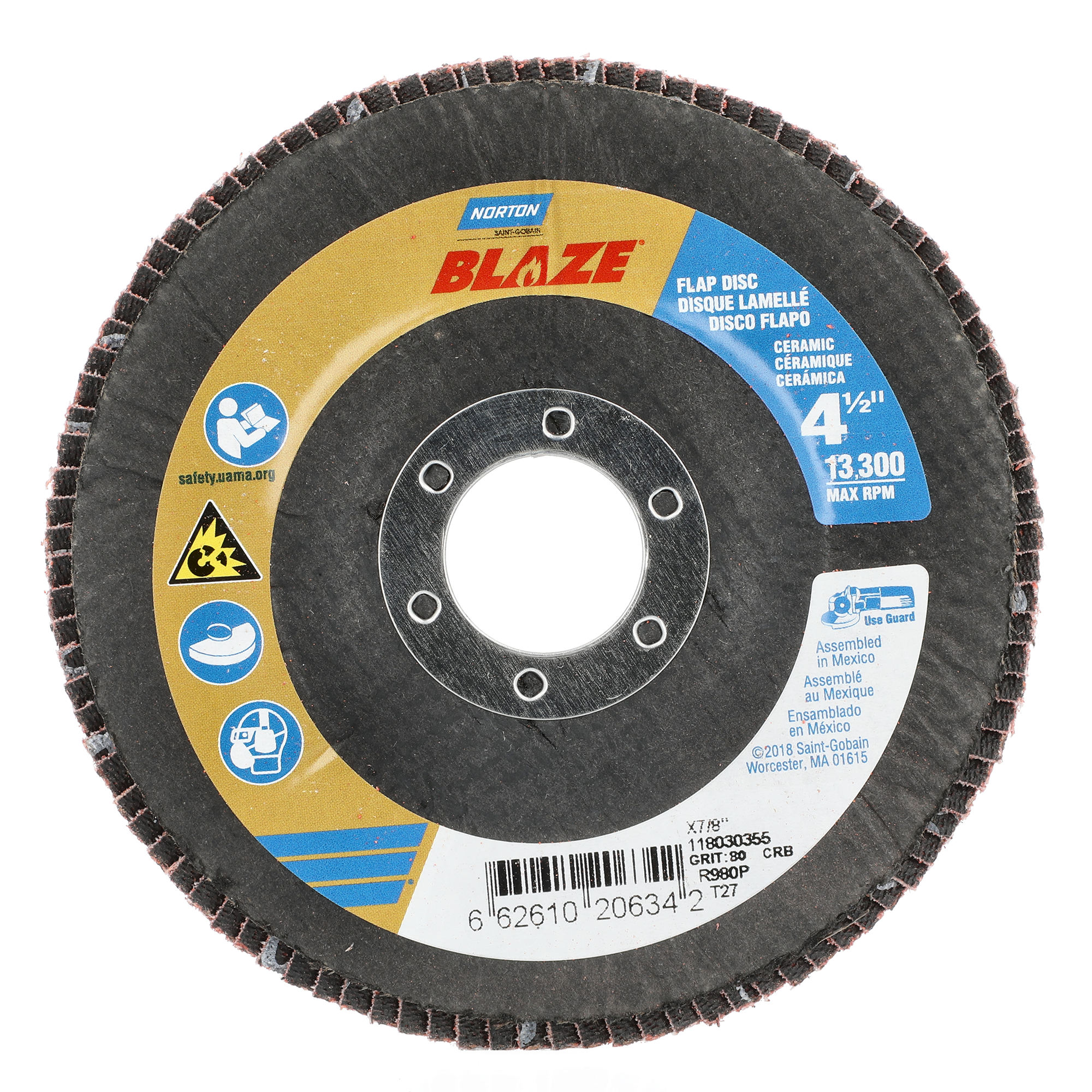 Norton 4-1/2 x 7/8 In. Blaze Fiberglass HD Flat Flap Disc T27 80 Grit R980P
