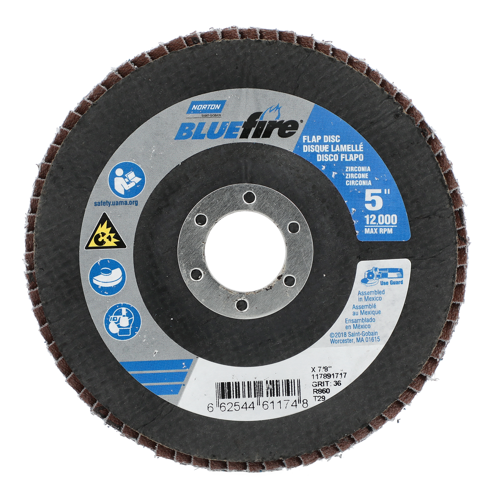 Norton 5 x 7/8 In. BlueFire Fiberglass Conical Flap Disc T29 P36 Grit R884P ZA